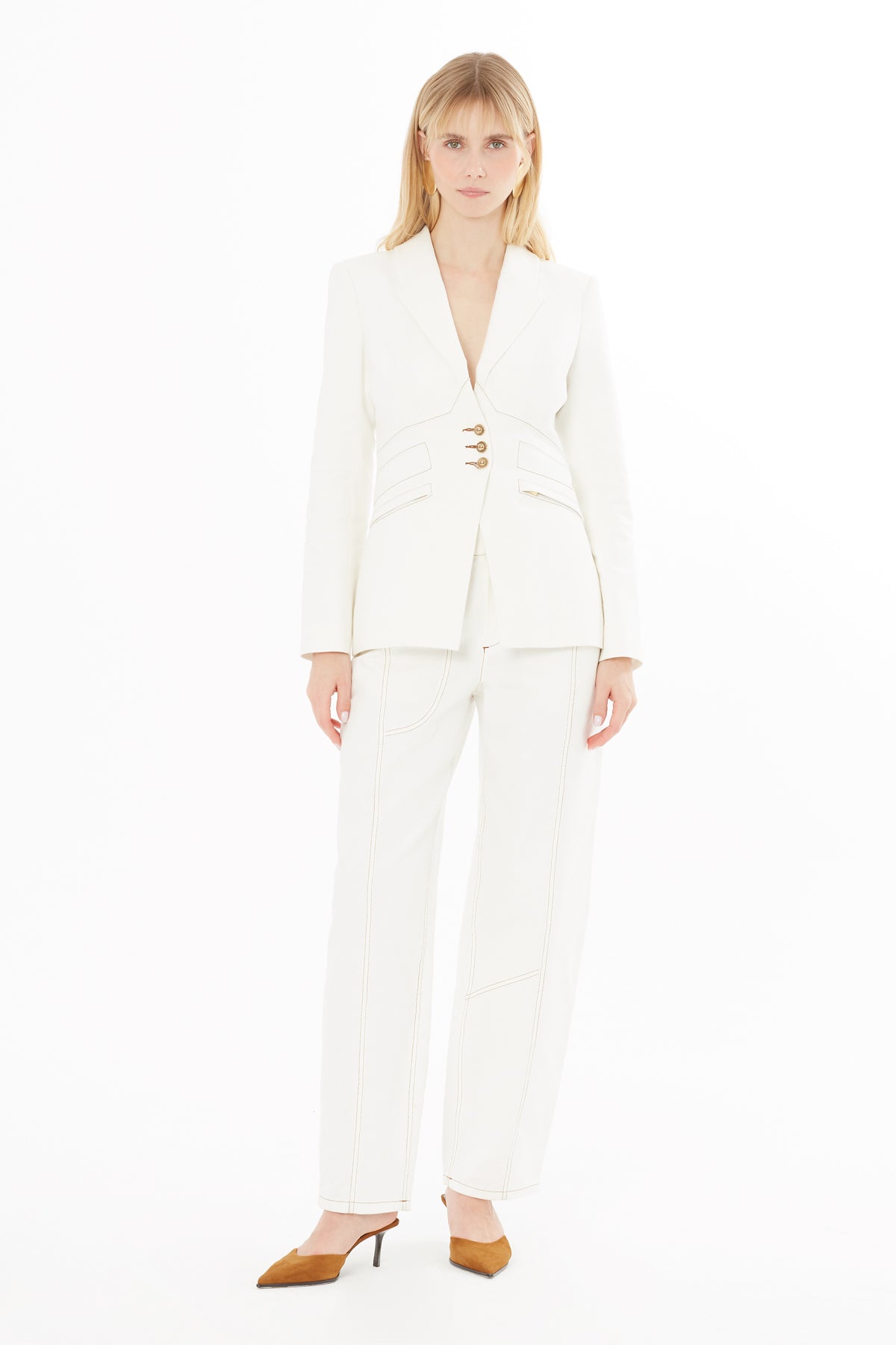 Kruvaze Yaka Kontrast Dikişli Ceket