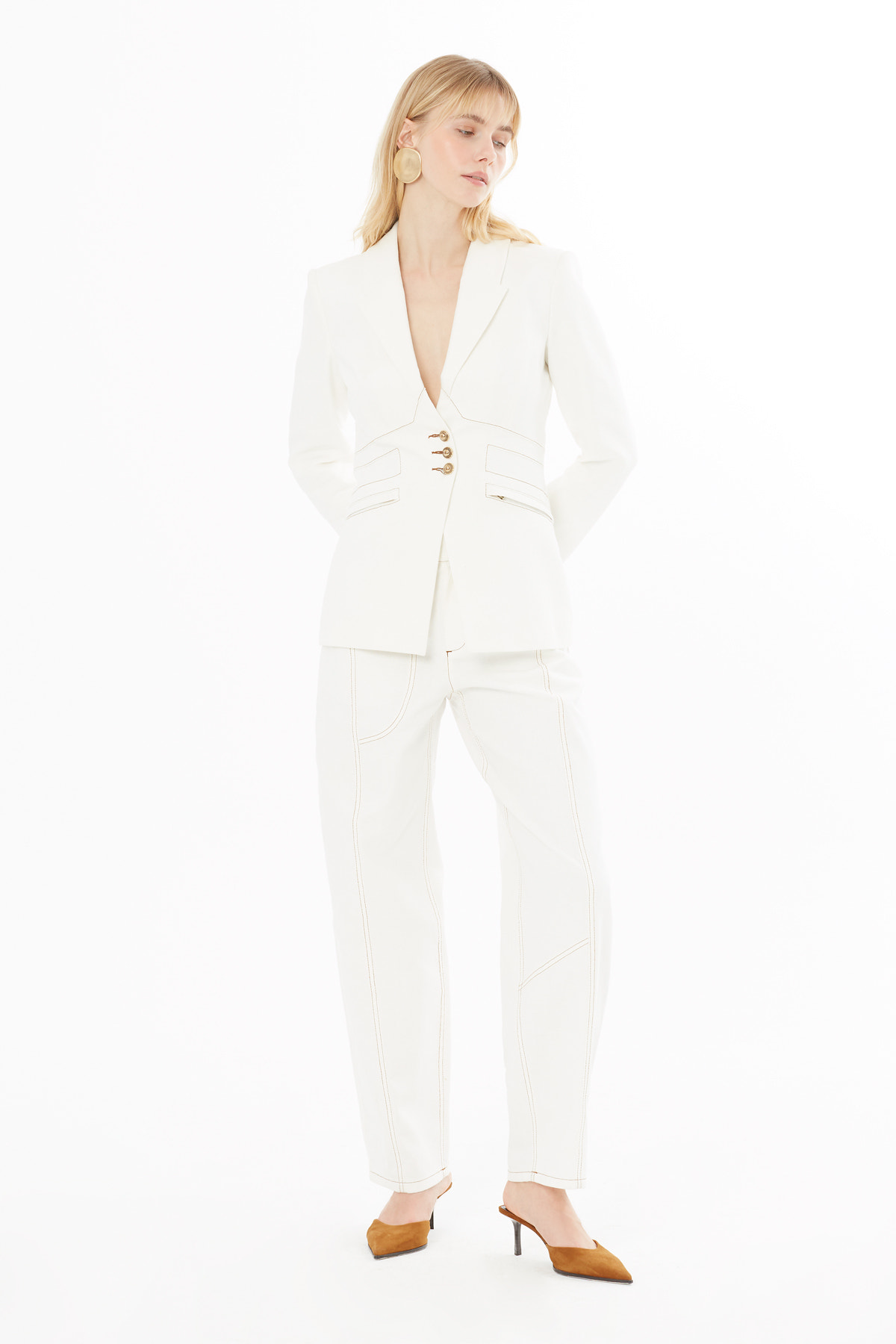 Kruvaze Yaka Kontrast Dikişli Ceket