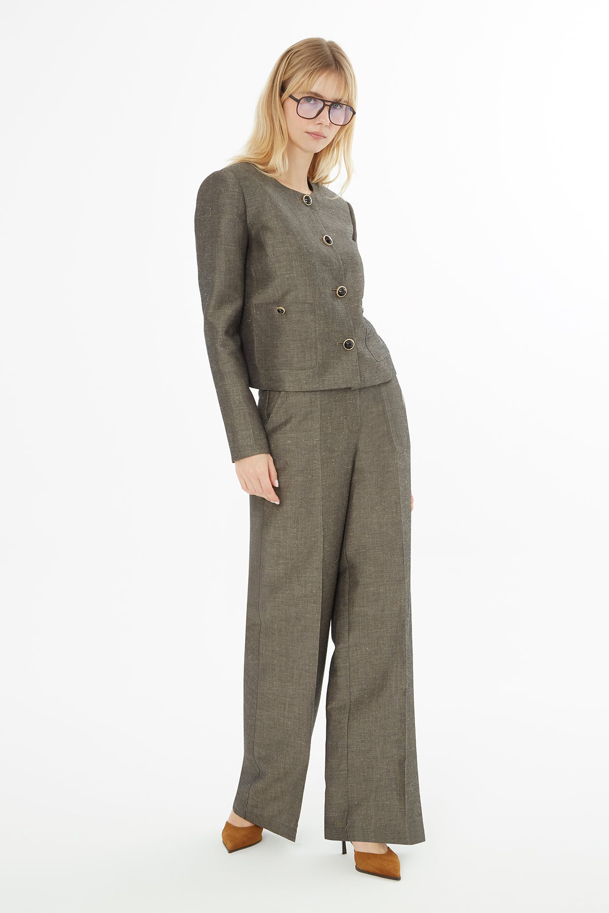 Yakası Zincirli Ceket Ve Palazzo Pantolonlu Takım