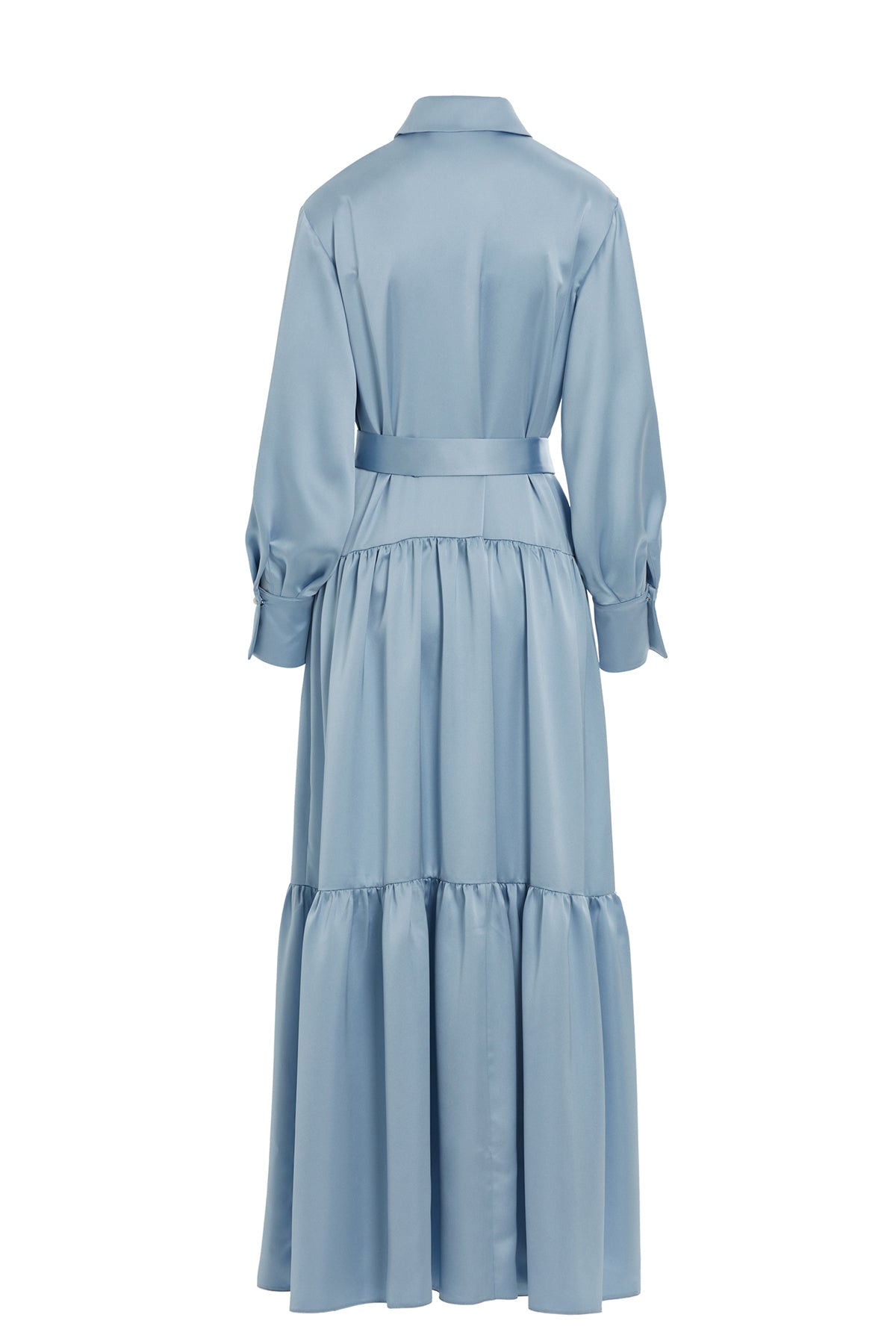 Yakası İşlemeli Kuşaklı Saten Gri Elbise