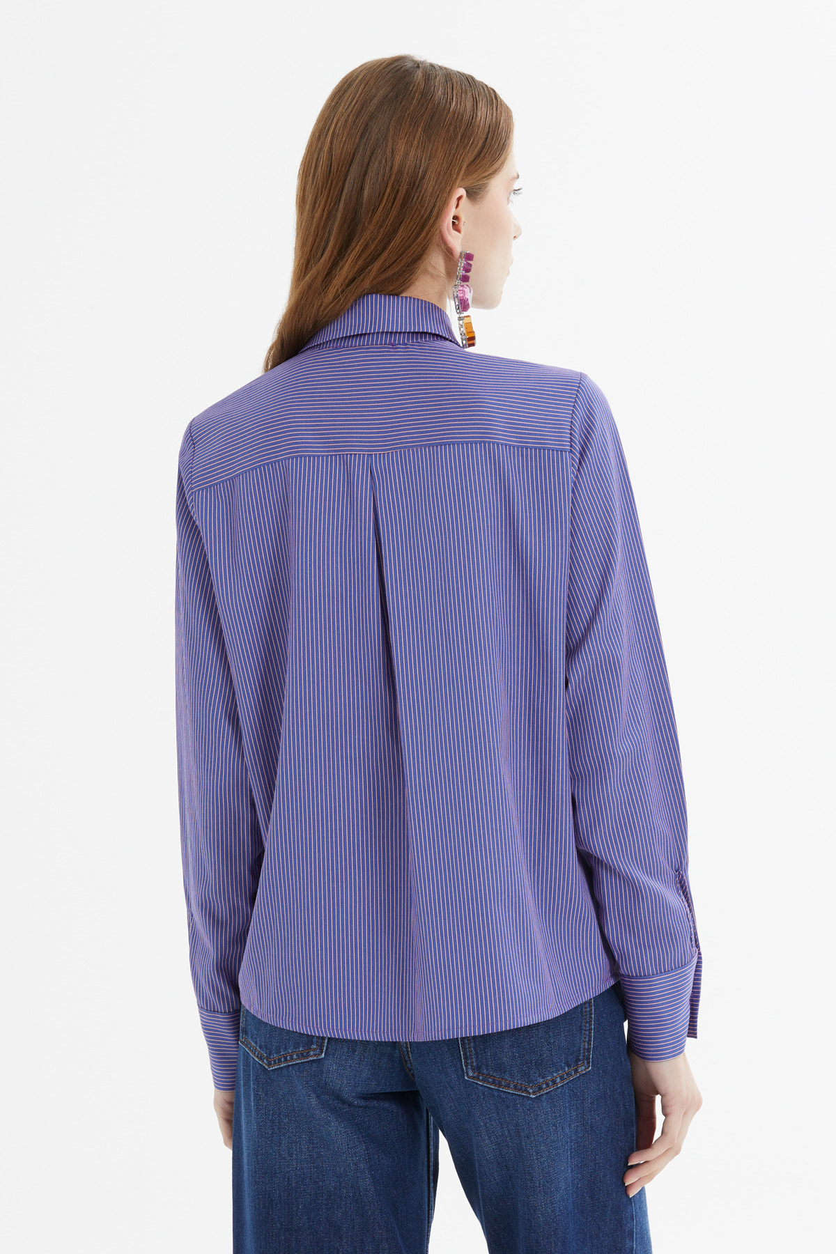 Yakası Fırfır Detaylı Çizgili Poplin Gömlek