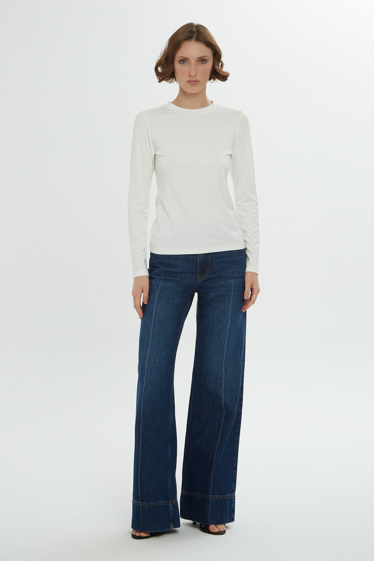 Bisiklet Yaka Uzun Kollu Örme Ekru T-Shirt