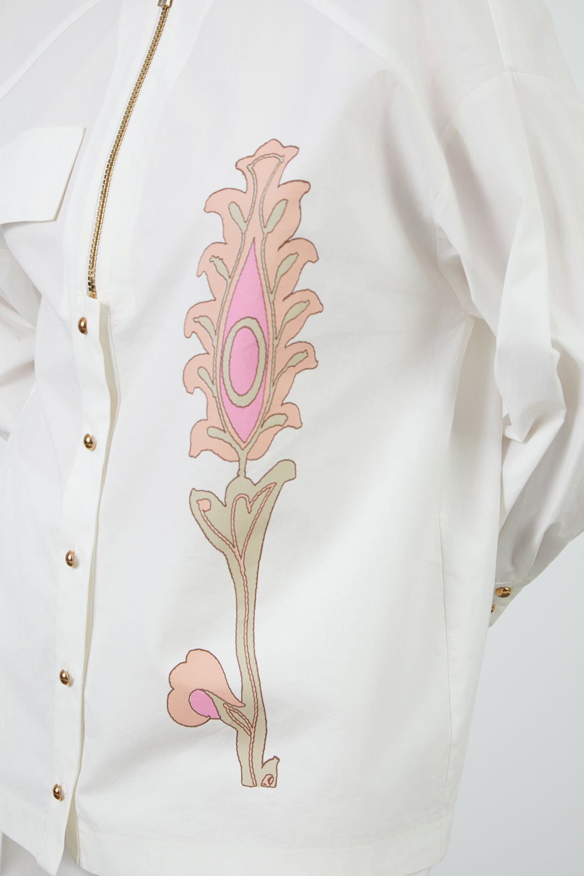 Fermuar Ve Düğme Detaylı Önü Baskılı Bluz