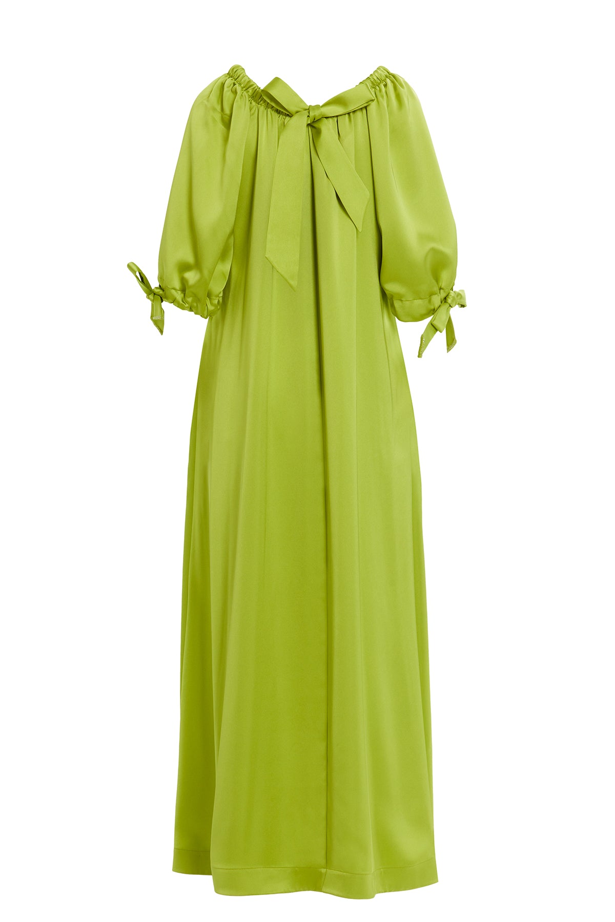 Yakası Lastikli Boncuk İşlemeli Astarlı Uzun Yeşil Elbise