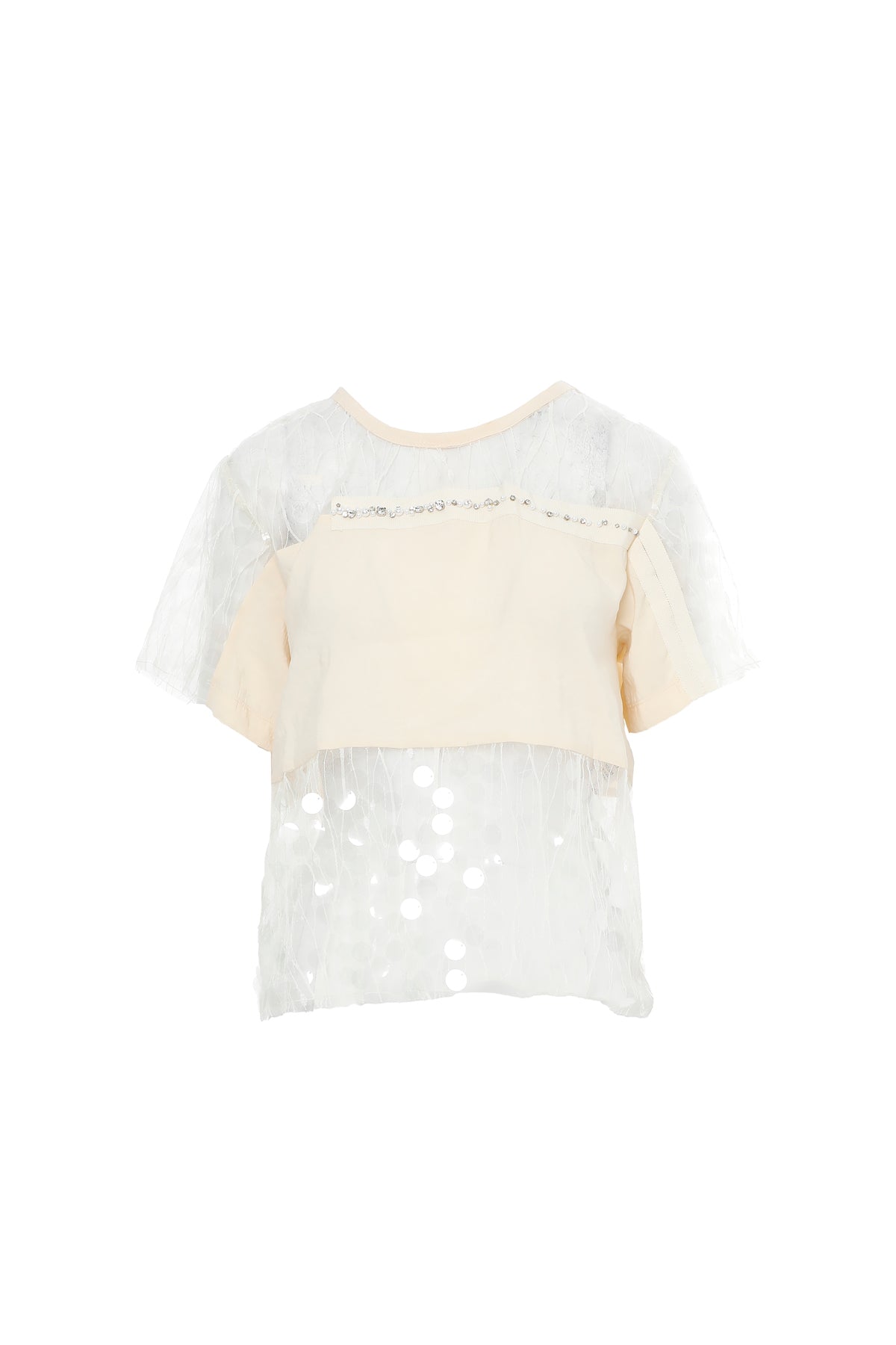 Payetli Transparan Detaylı İşlemeli Bej Bluz