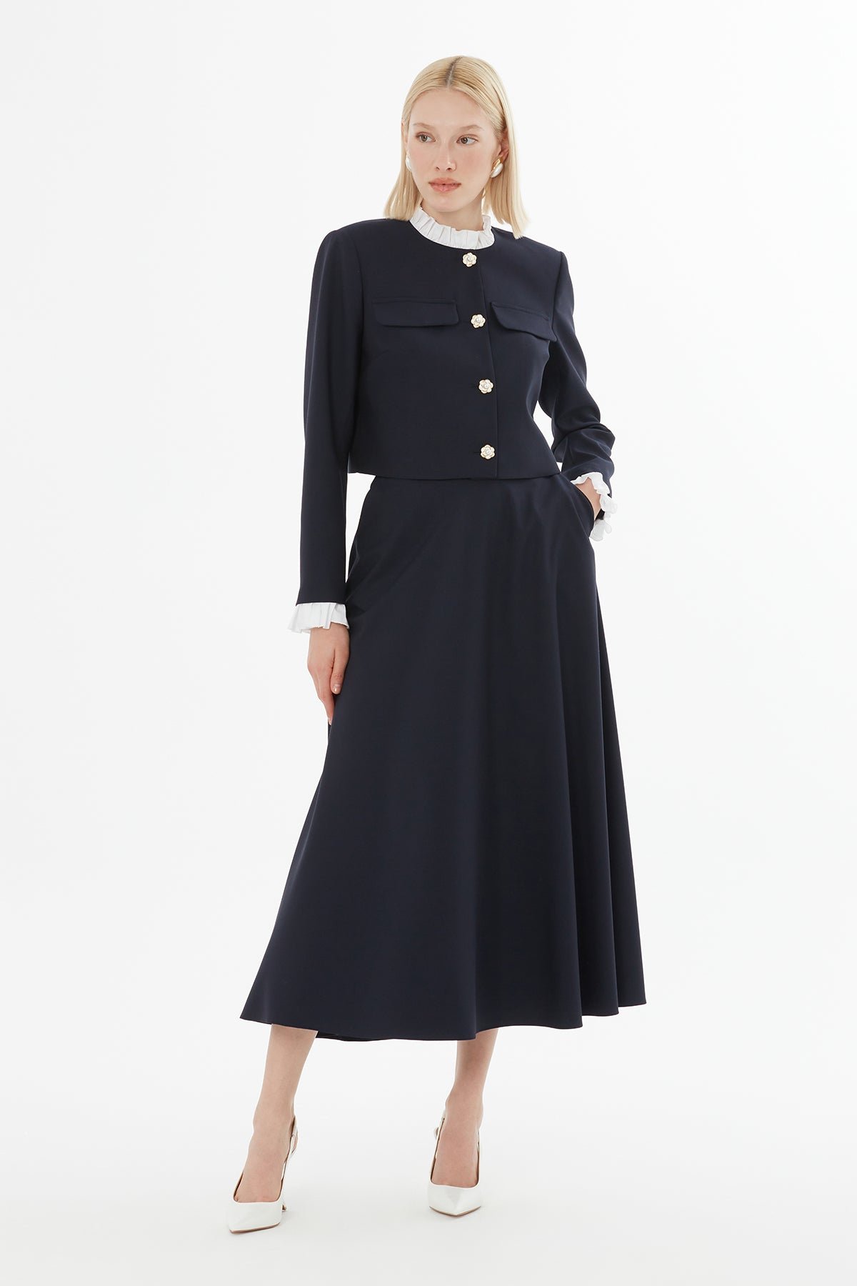 Fırfır Detaylı Ceket Ve Pileli Etekli Takım