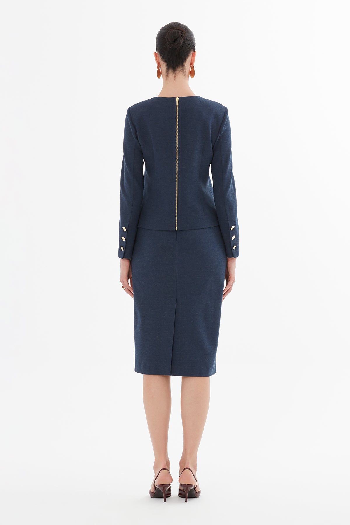 Asimetrik Düğme Kapamalı Ceket Ve Kalem Etekli Takım