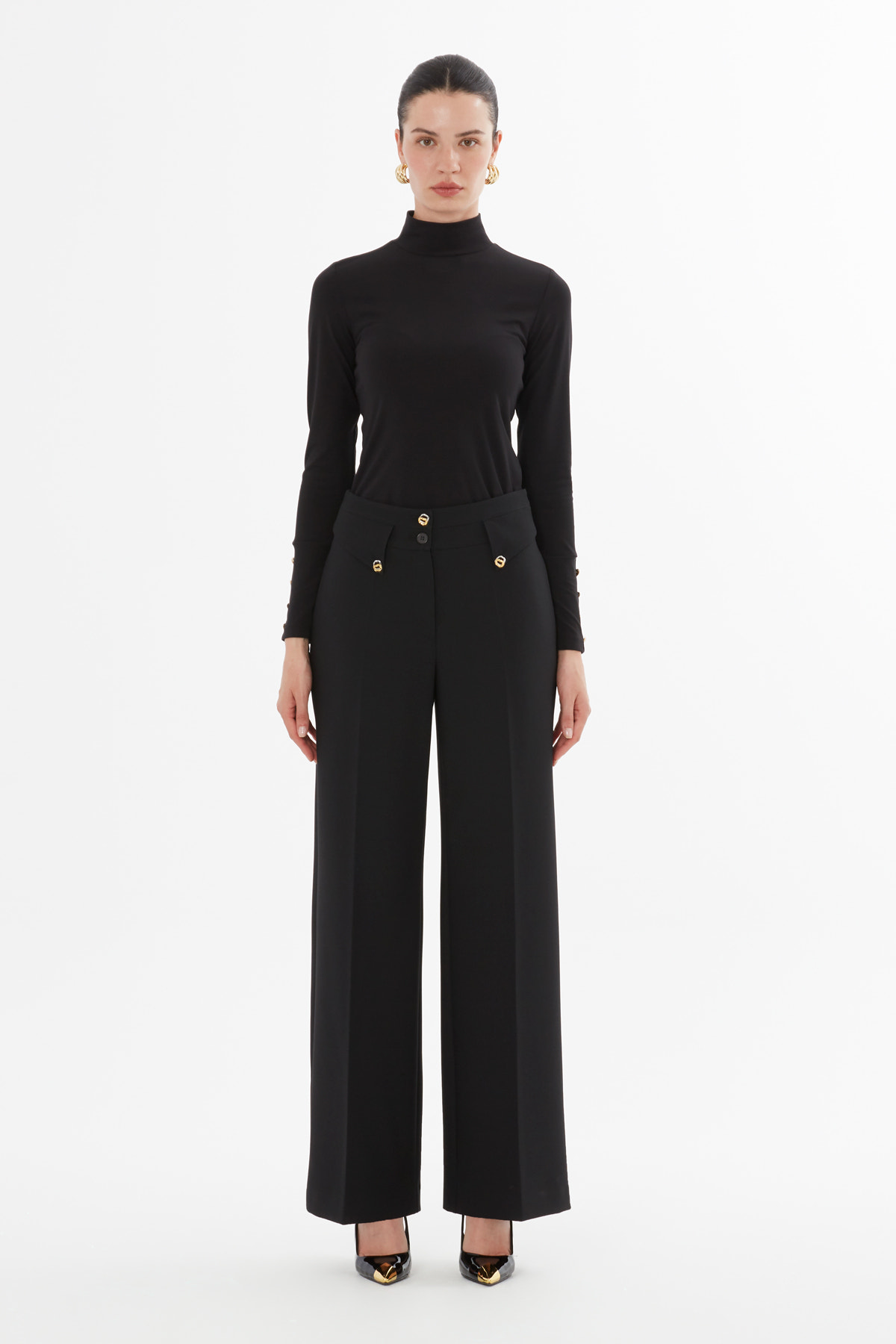 Ütü İzli Düğme Detaylı Siayh Palazzo Pantolon