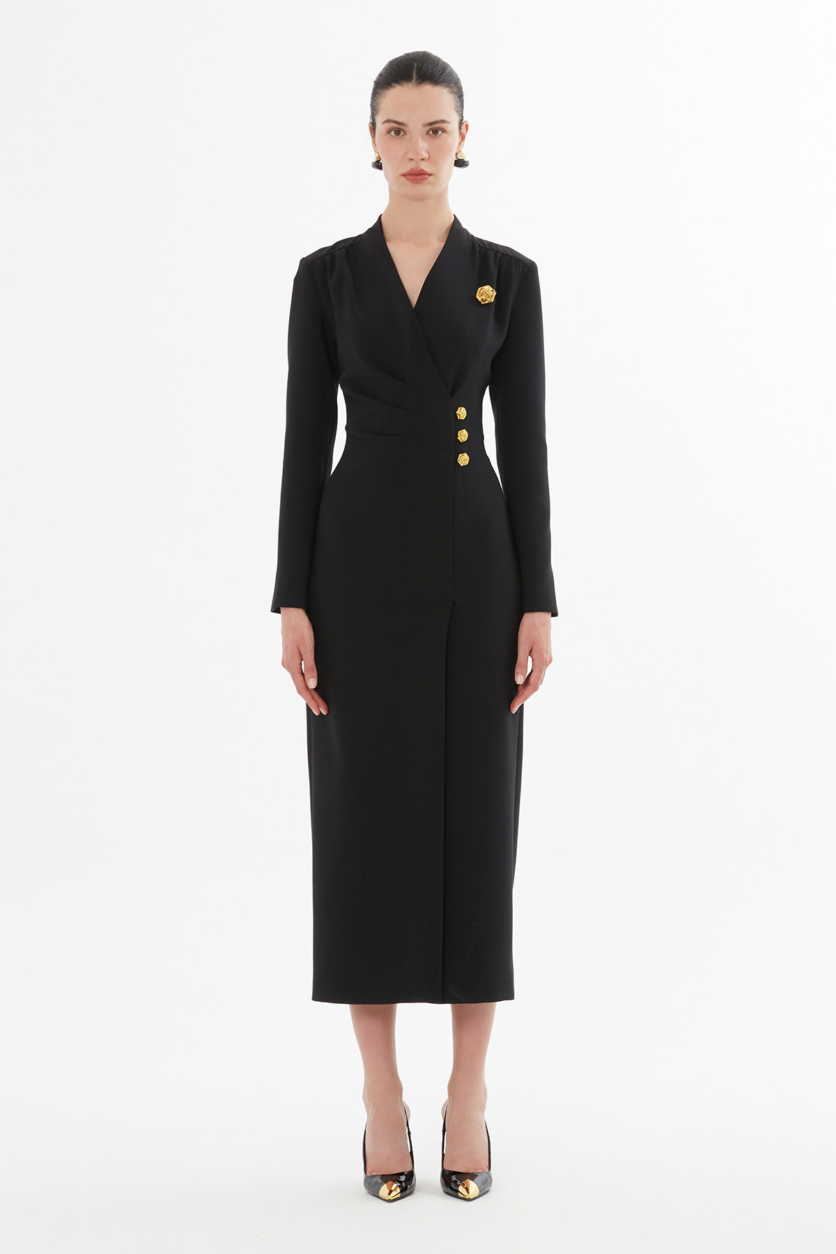 Kruvaze Kapamalı Yırtmaçlı Midi Elbise