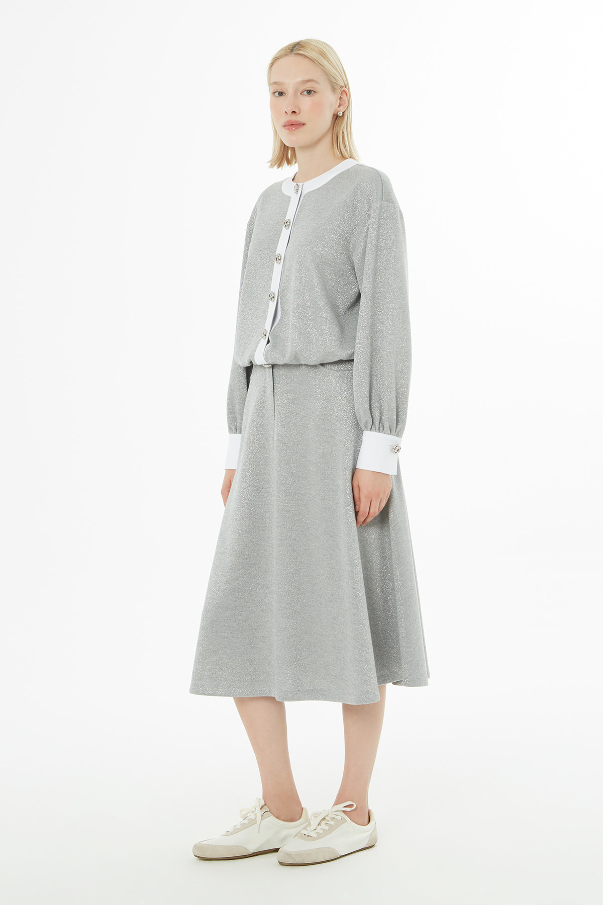 Bisiklet Yaka Ceket Ve Volanlı Midi Boy Etekli Takım