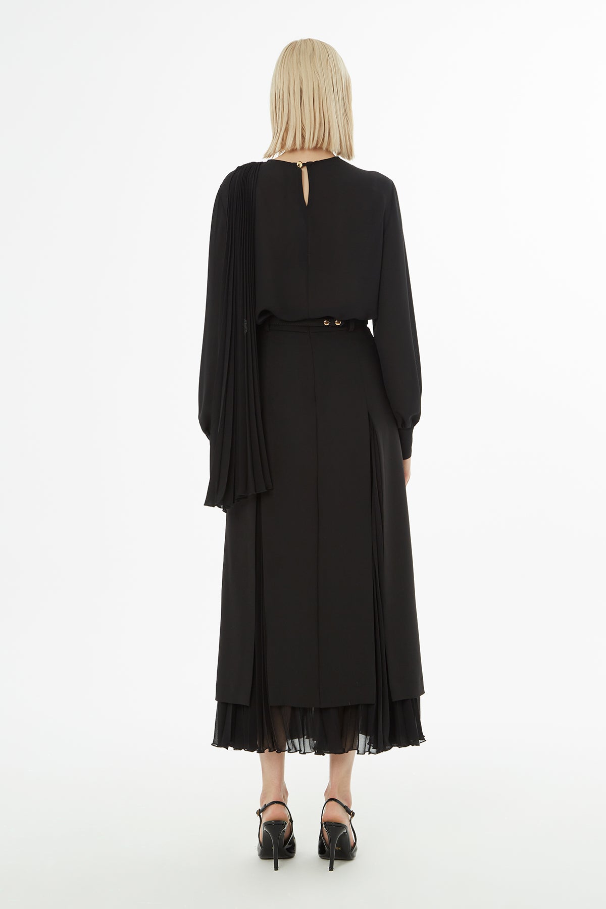 Kemerli Pliseli Midi Boy Etek