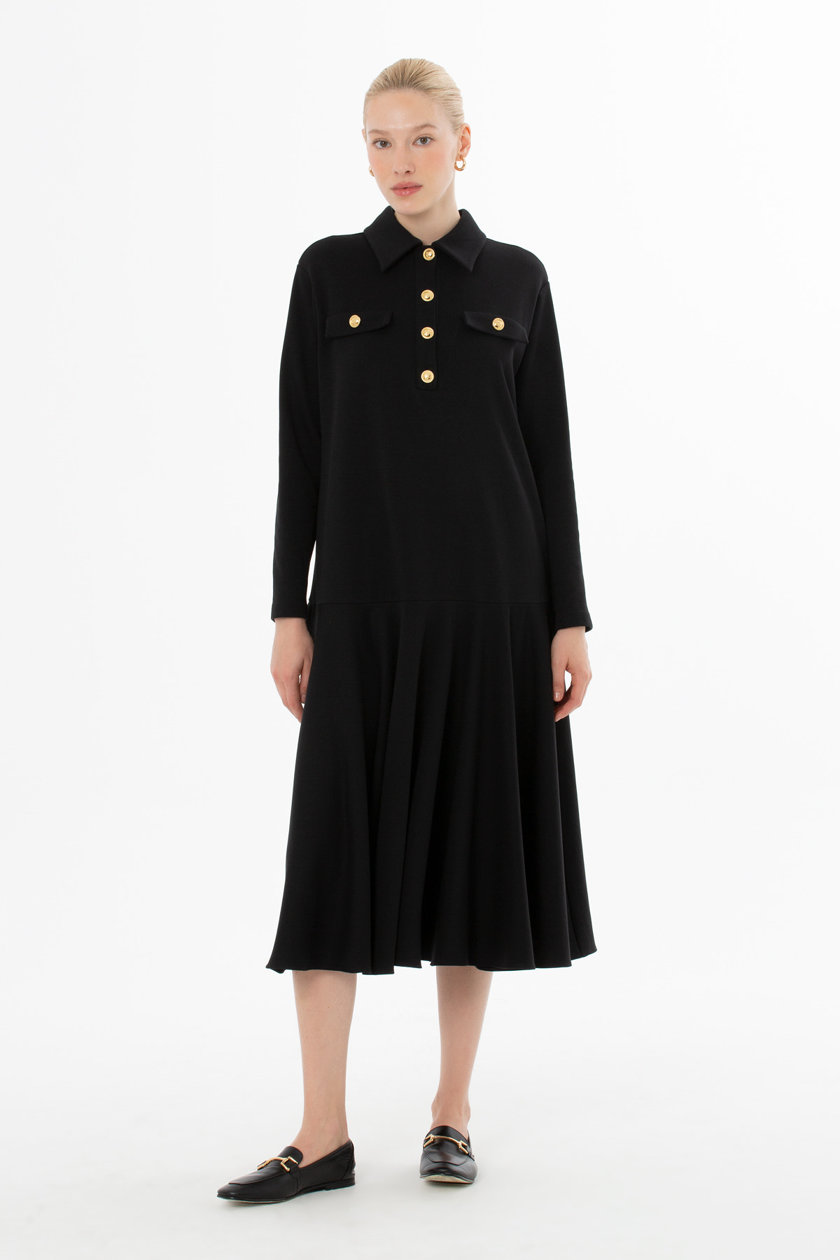 Önden Düğmeli Yakalı Midi Elbise