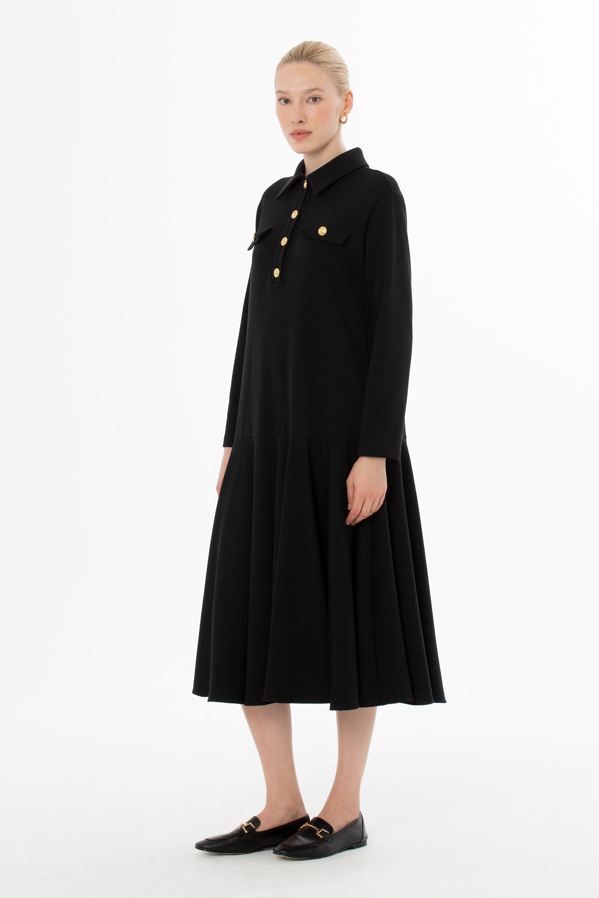 Önden Düğmeli Yakalı Midi Elbise