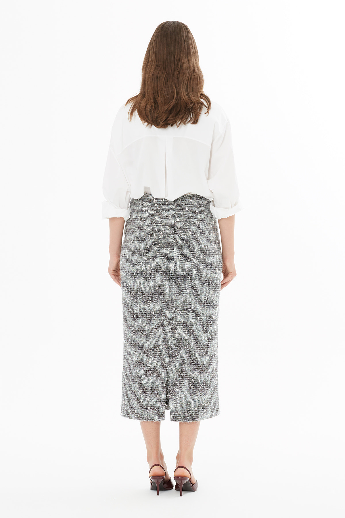 Arkadan Fermuar Kapamalı Yırtmaçlı Etek