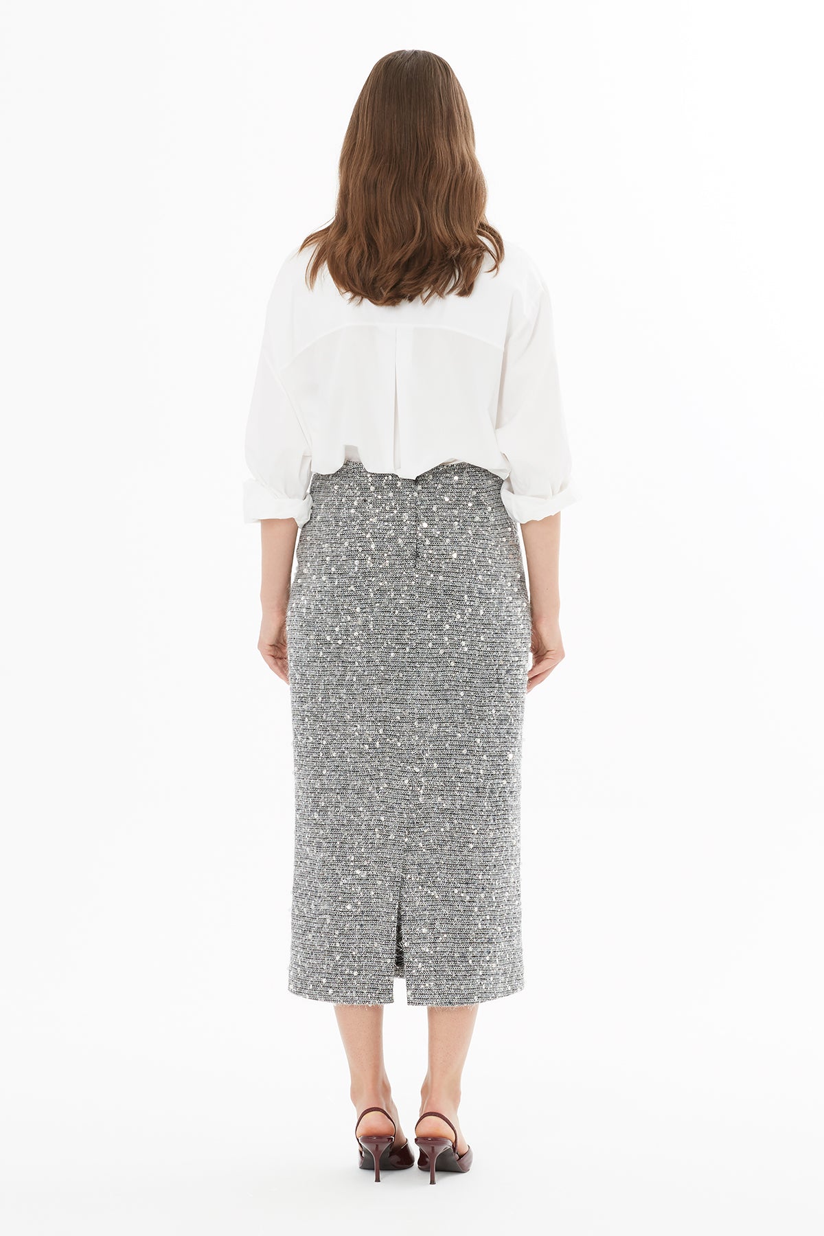 Arkadan Fermuar Kapamalı Yırtmaçlı Etek