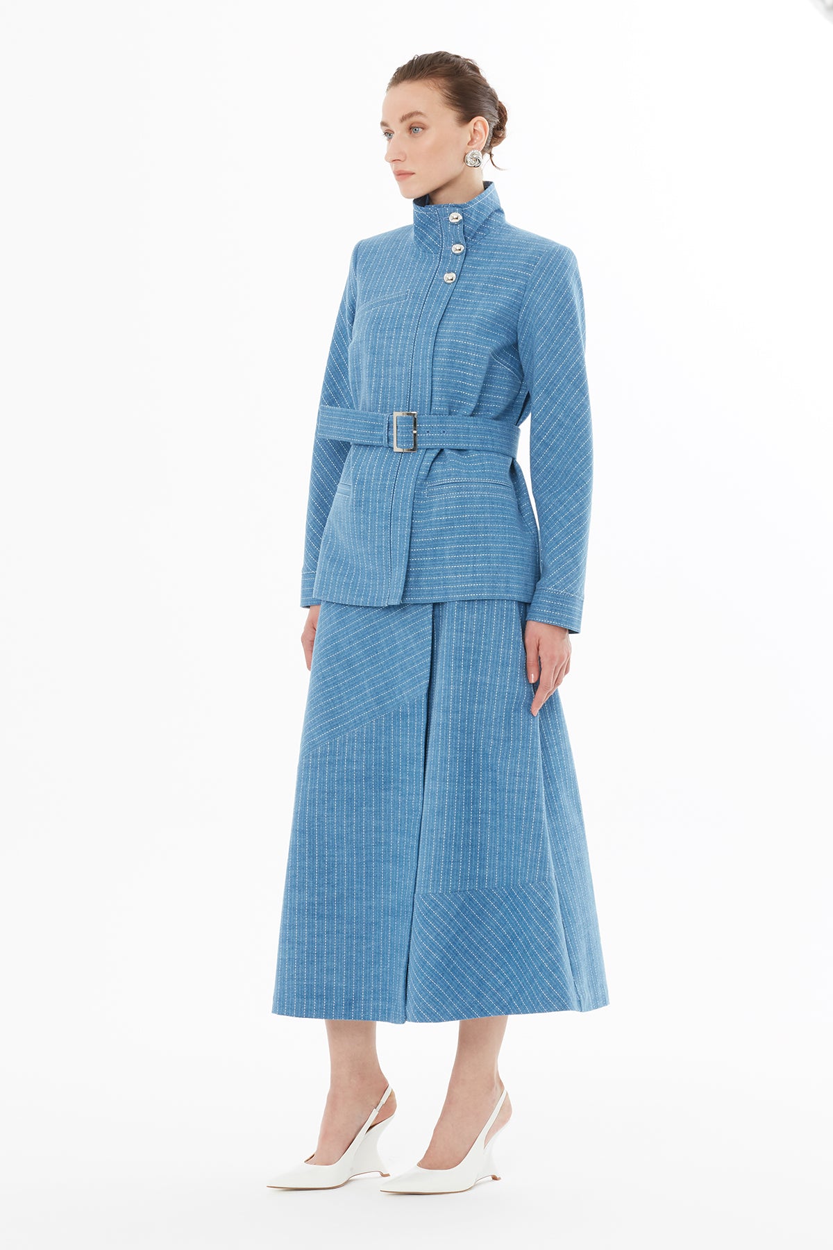 Kemer Ve Düğme Detaylı Uzun Kollu Ceket