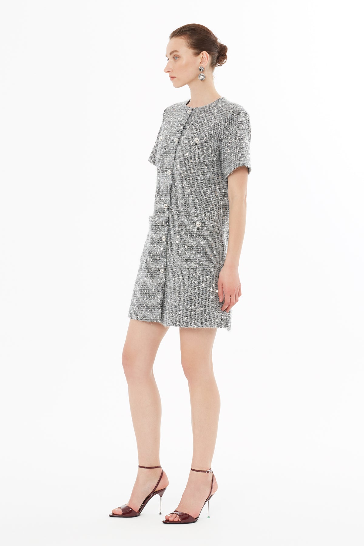 Yuvarlak Yaka Düğme Kapamalı Kısa Kollu Elbise