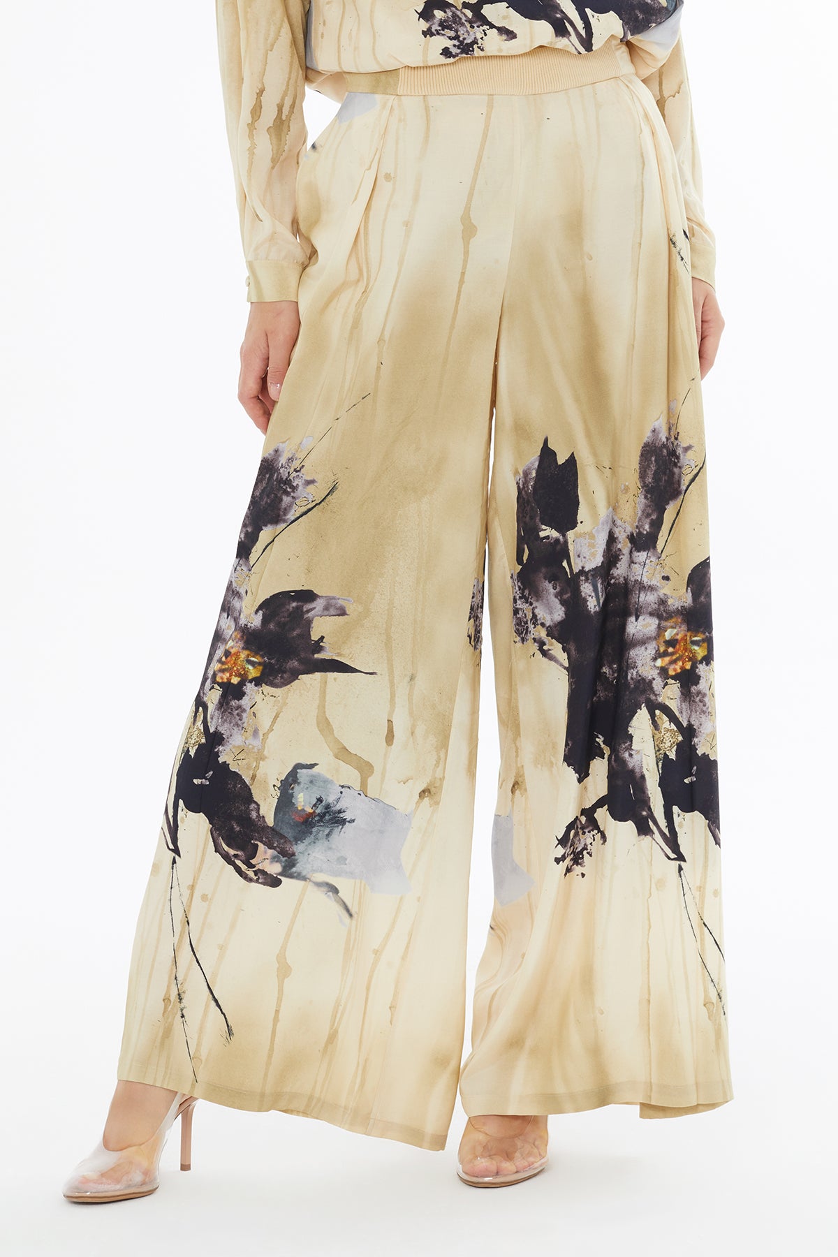 Desenli Yandan Fermuarlı Bel Triko Detaylı Pantolon