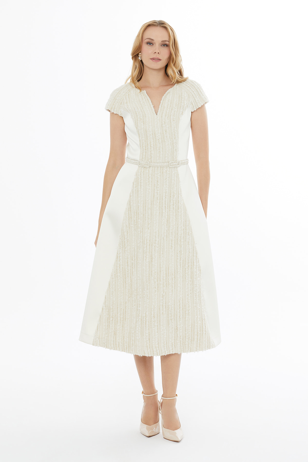 V Yaka Fermuar Kapamalı Kısa Kol Midi Elbise