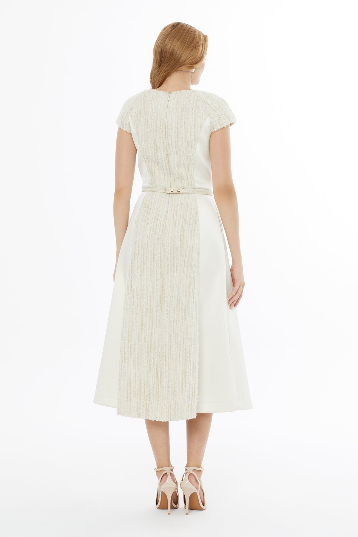 V Yaka Fermuar Kapamalı Kısa Kol Midi Elbise