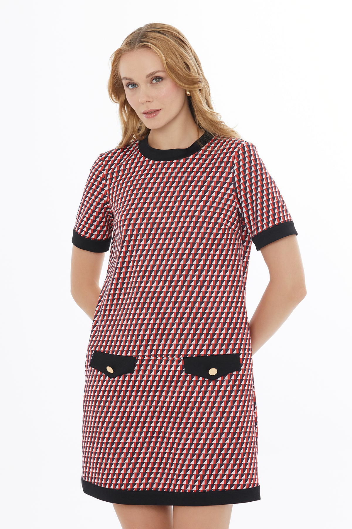 Yuvarlak Yaka Cepli Kısa Kollu Mini Elbise