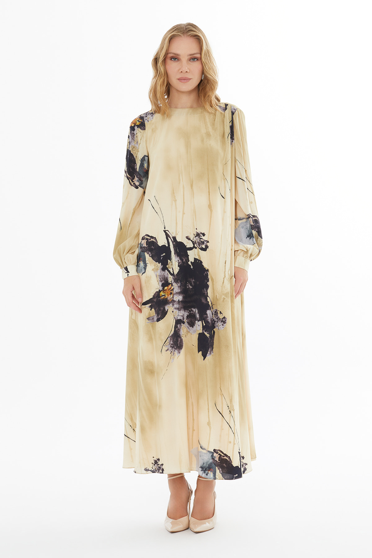 Yuvarlak Yaka Fermuar Kapamalı Maxi Kol Uzun Elbise