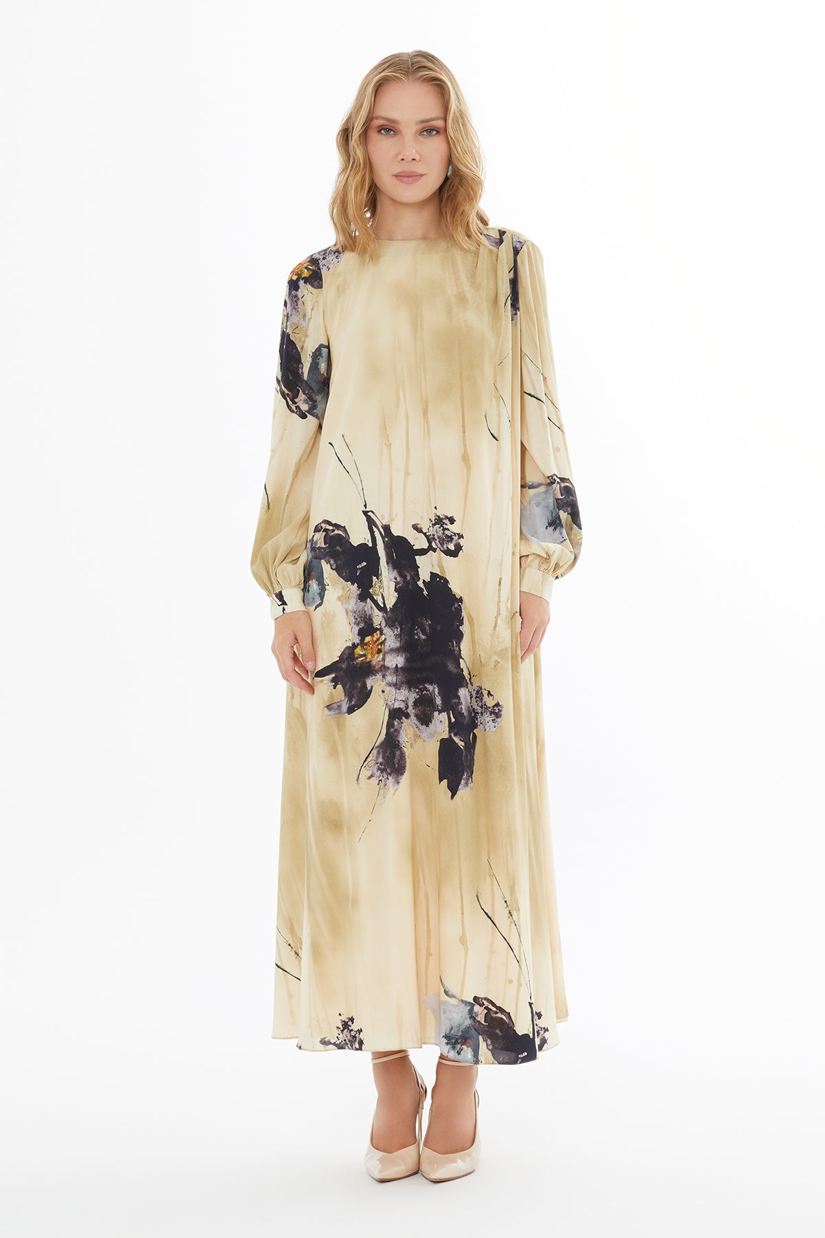 Yuvarlak Yaka Fermuar Kapamalı Uzun Kol Uzun Elbise