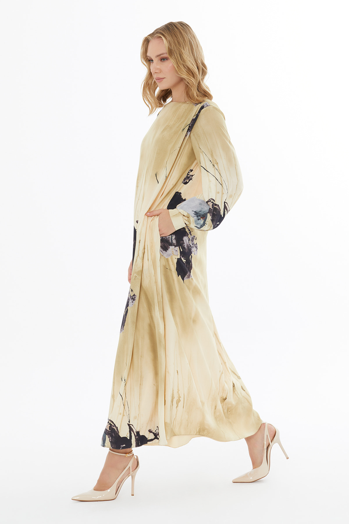 Yuvarlak Yaka Fermuar Kapamalı Maxi Kol Uzun Elbise