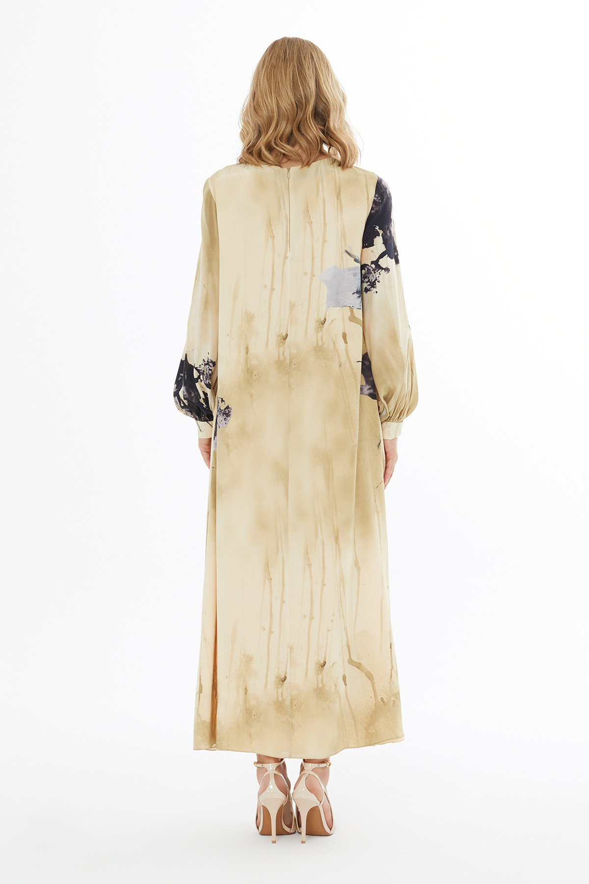 Yuvarlak Yaka Fermuar Kapamalı Maxi Kol Uzun Elbise