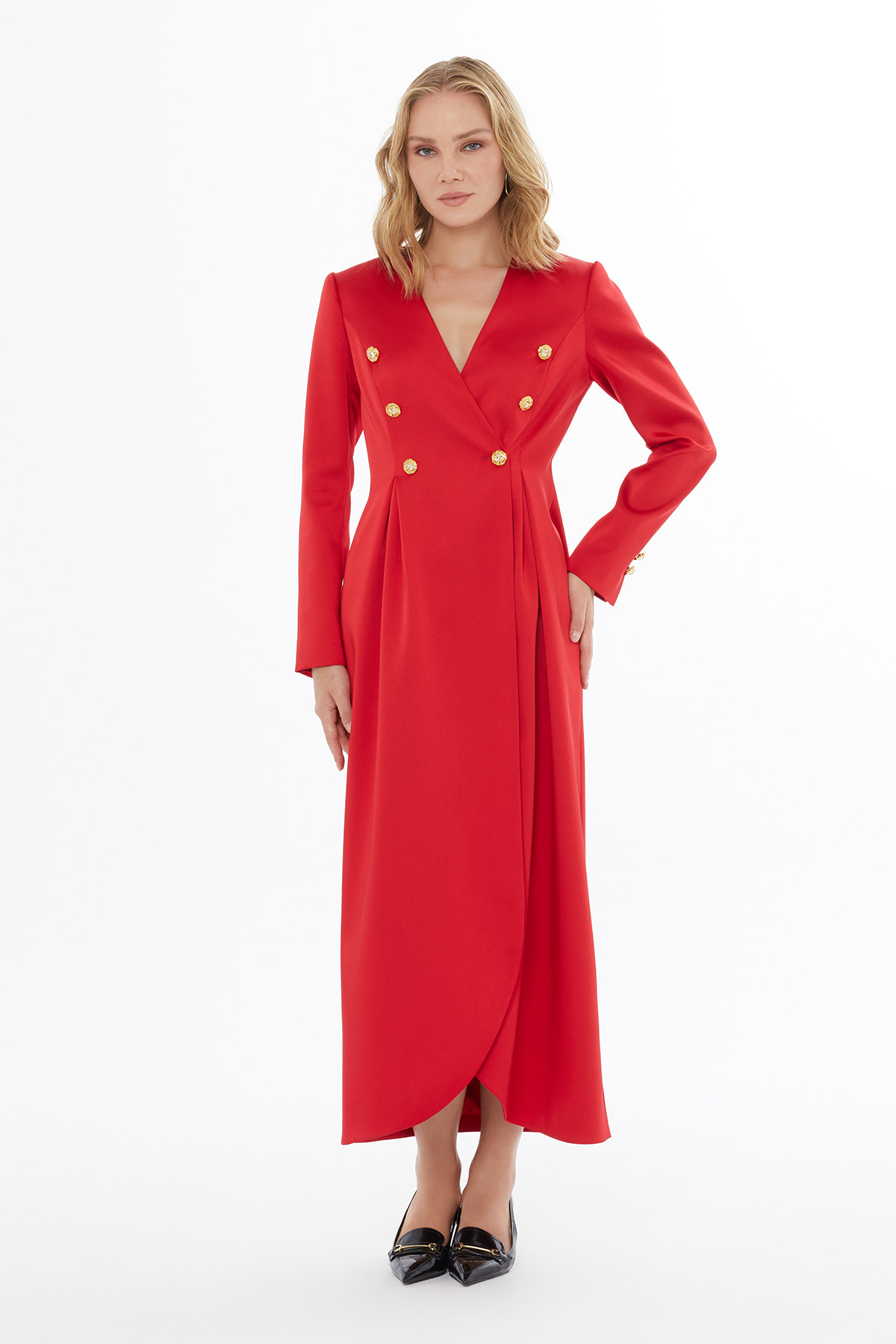 Gold Düğme Detaylı Maxi Elbise