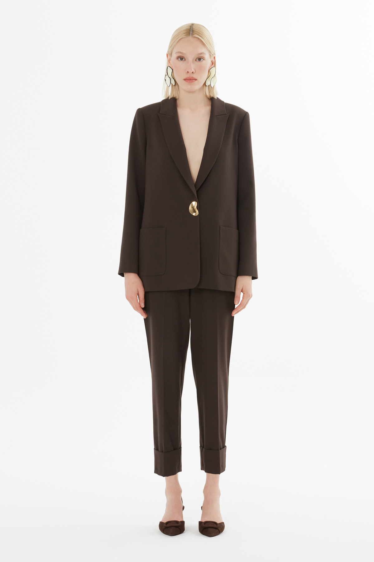 Metal Düğmeli Duble Paçalı Beli Lastikli Pantolonlu Takım