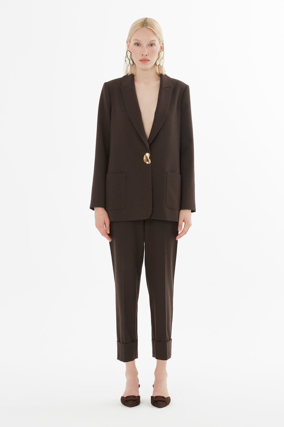 Metal Düğmeli Duble Paçalı Beli Lastikli Pantolonlu Takım