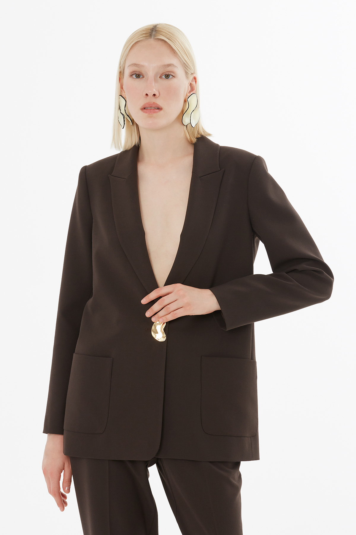 Metal Düğmeli Duble Paçalı Beli Lastikli Pantolonlu Takım