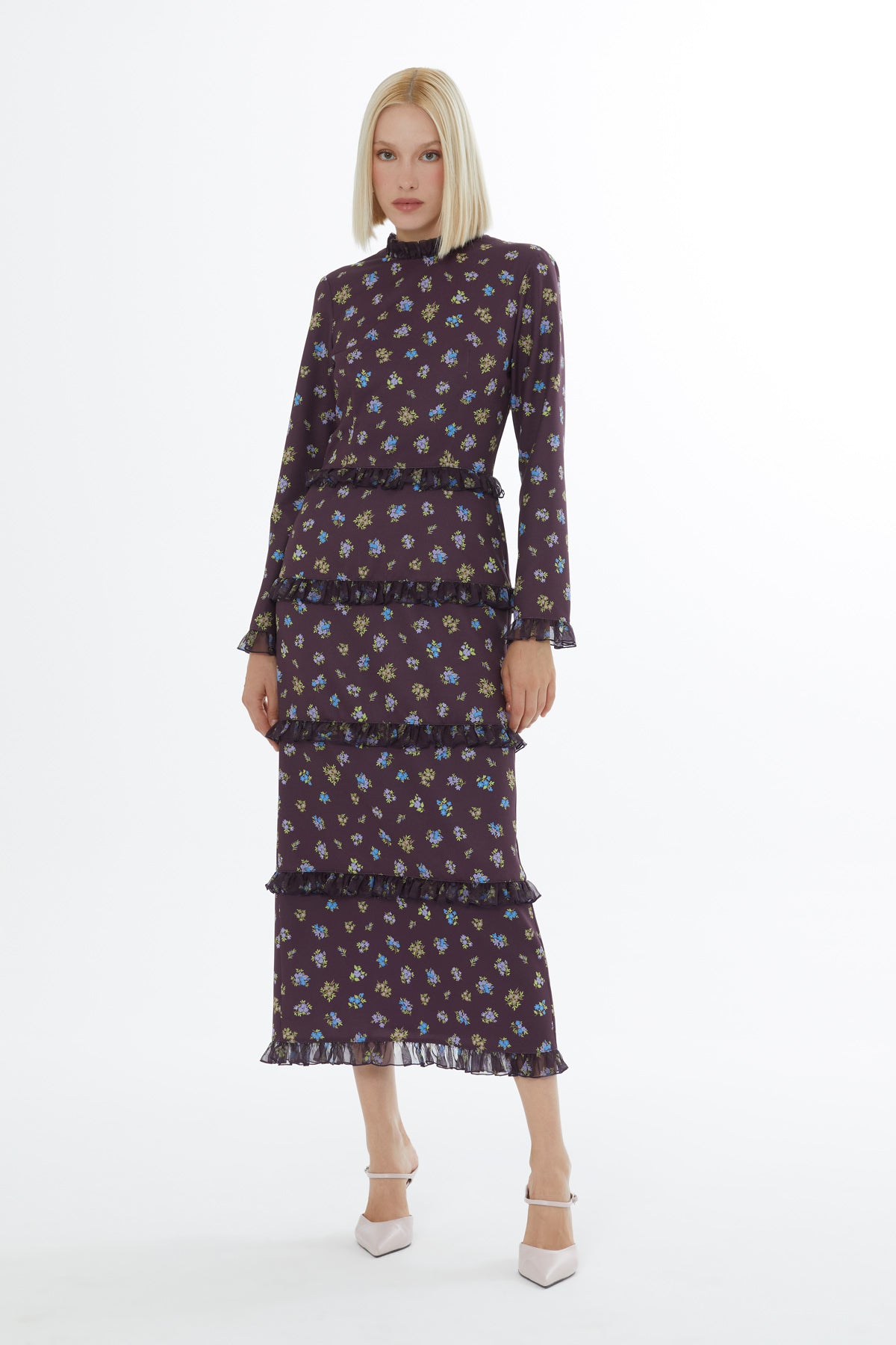 Fırfırlı Yüksek Yaka Maxi Boy Elbise