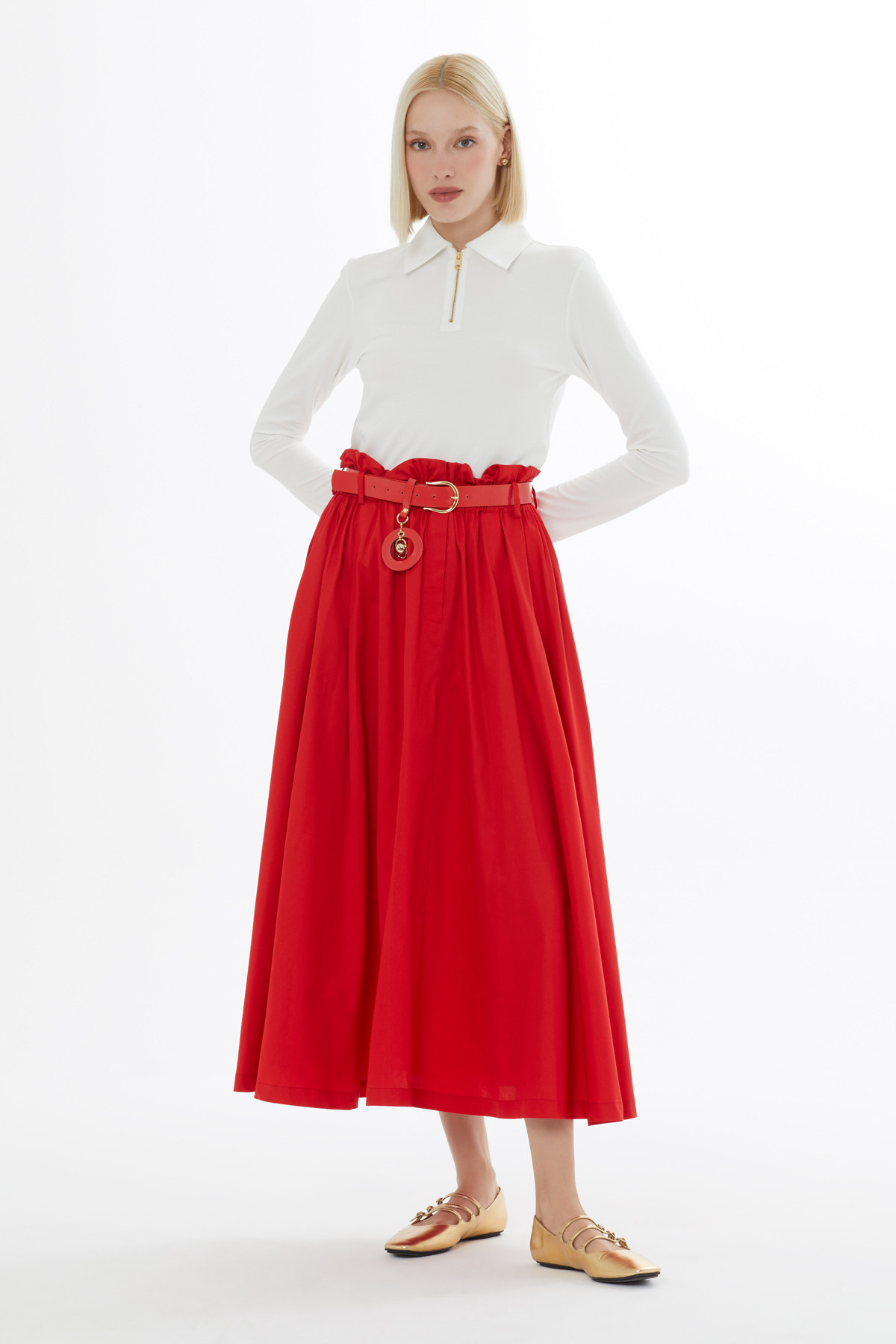 Beli Kemer Ve Lastikli Eteği Kloş Bilek Boy Etek