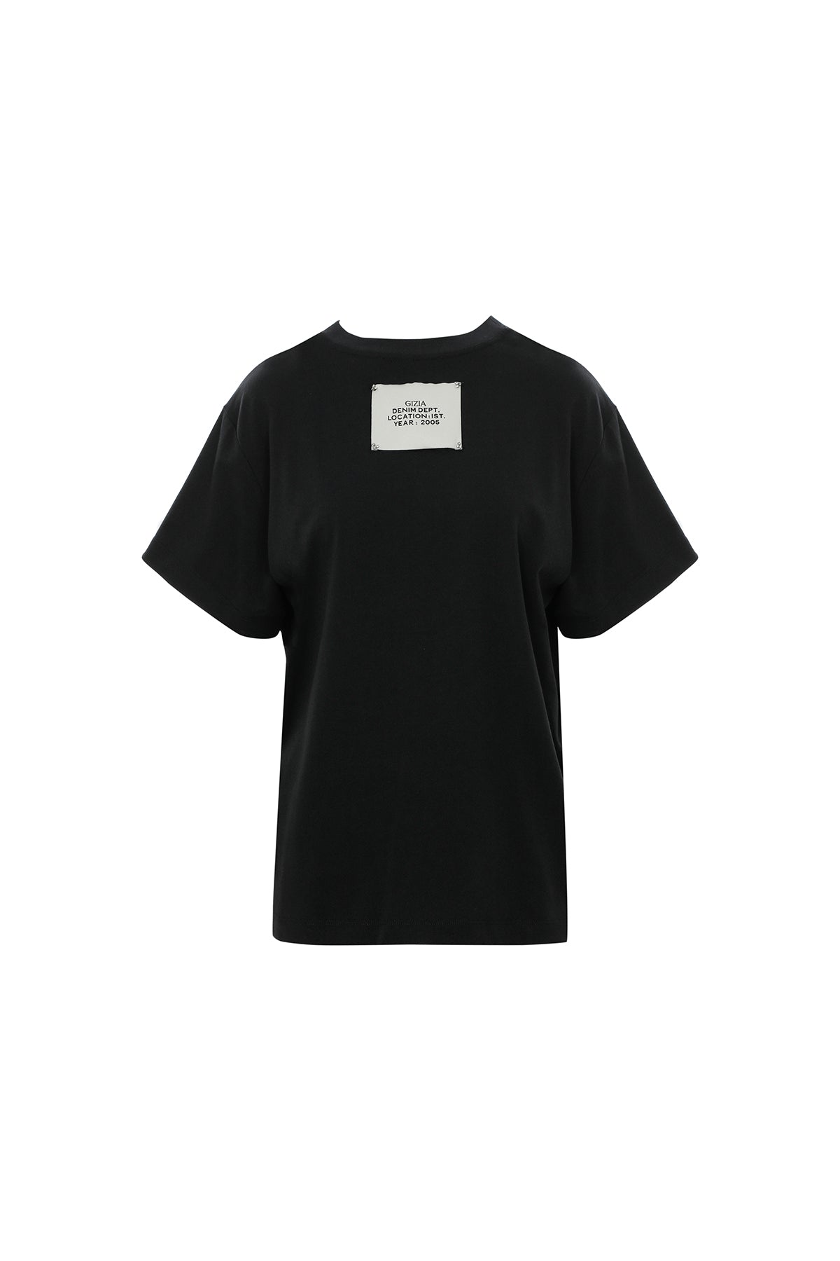 İşlemeli Dikiş Detaylı Sırt Etiketli Siyah T-shirt