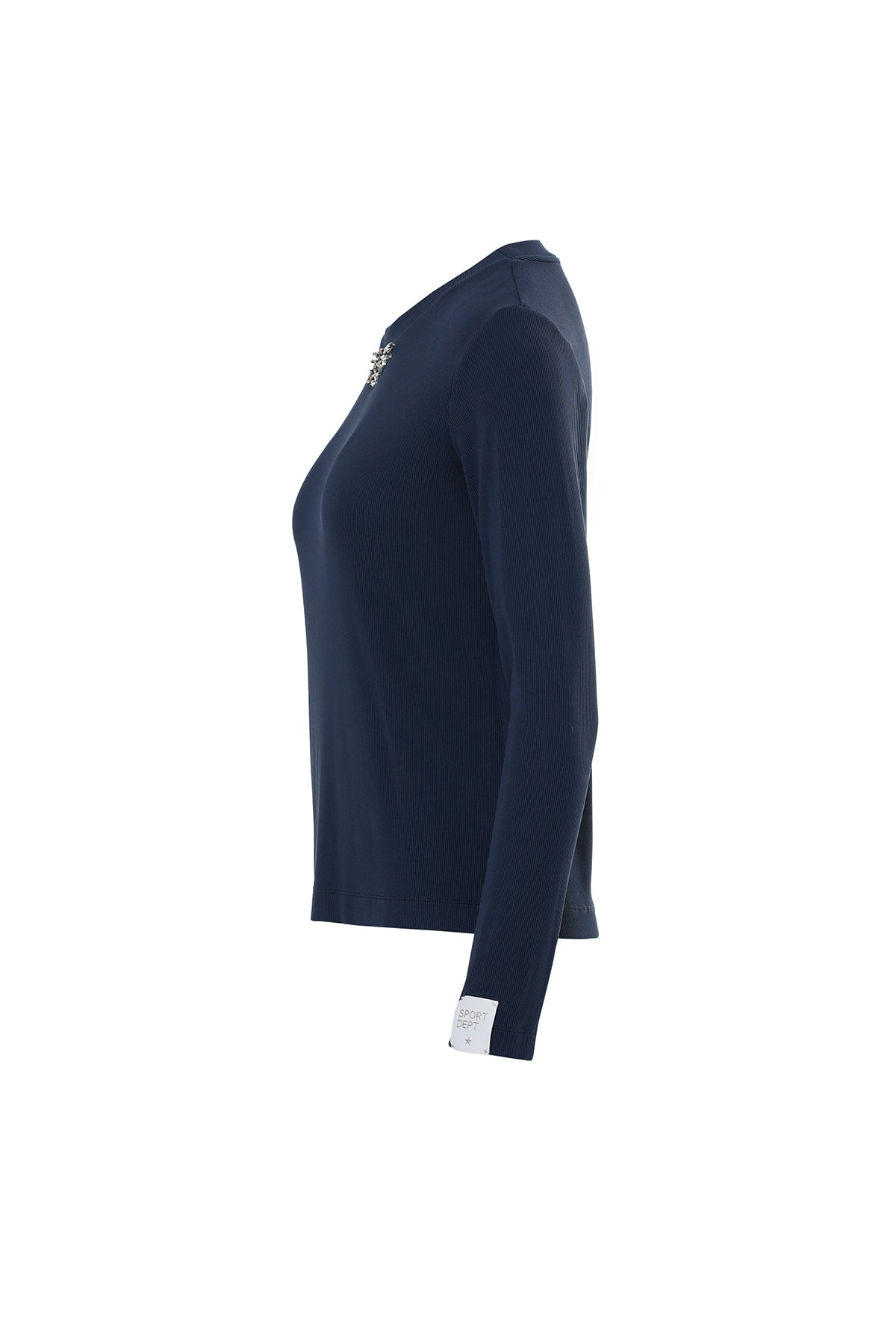 Kol Ucu Etiket Detaylı Yakası Taşlı Lacivert T-Shirt