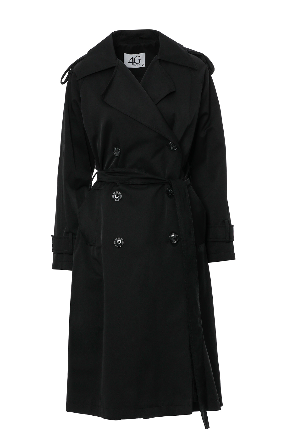 Uzun Kollu Beli Kemerli Siyah Trençkot