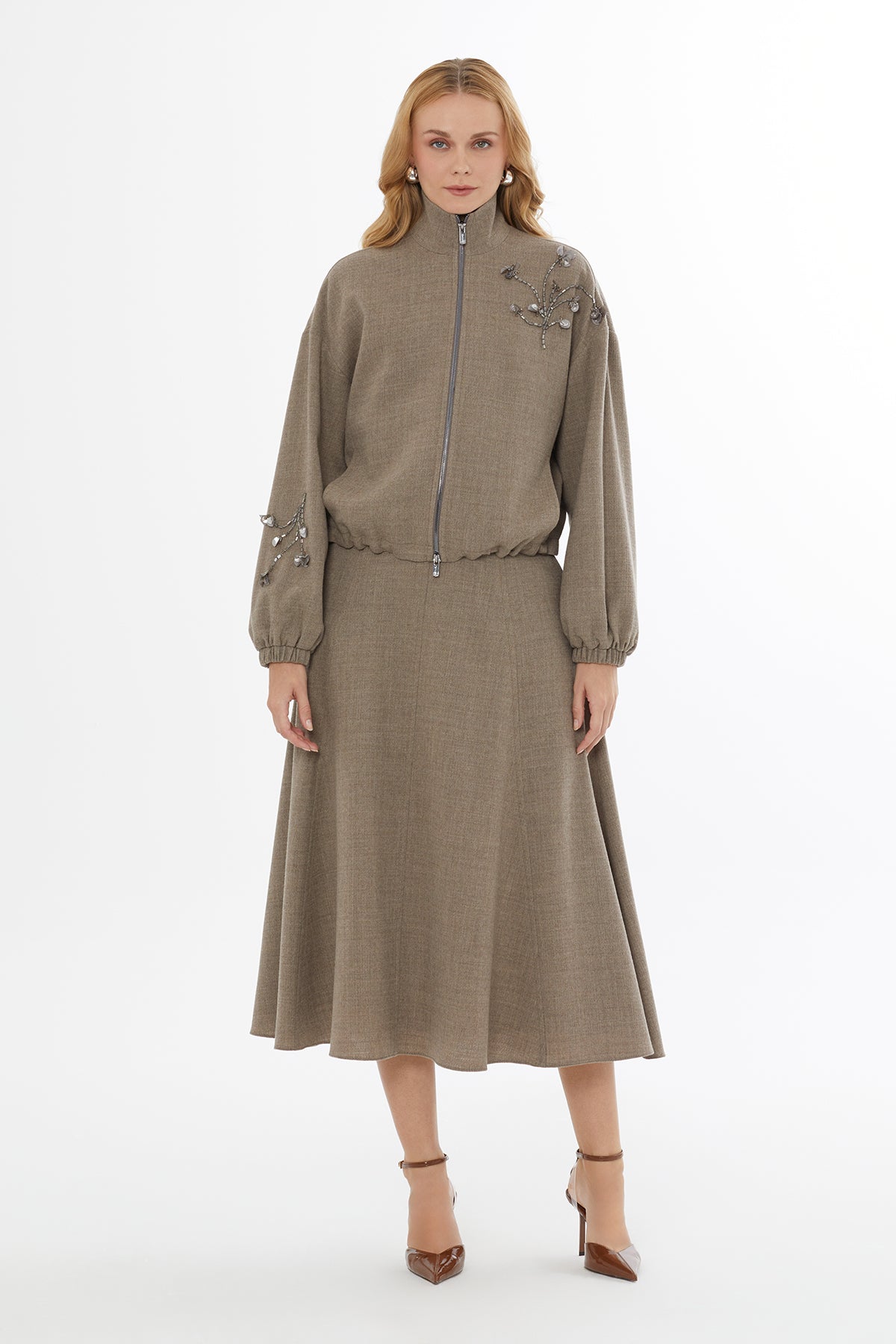 Metal Fermuarlı Yaka Ve Kol İşlemeli Ceket