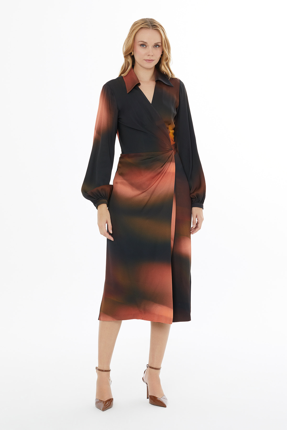 Anveloplu Uzun Kollu Düğmeli Midi Elbise