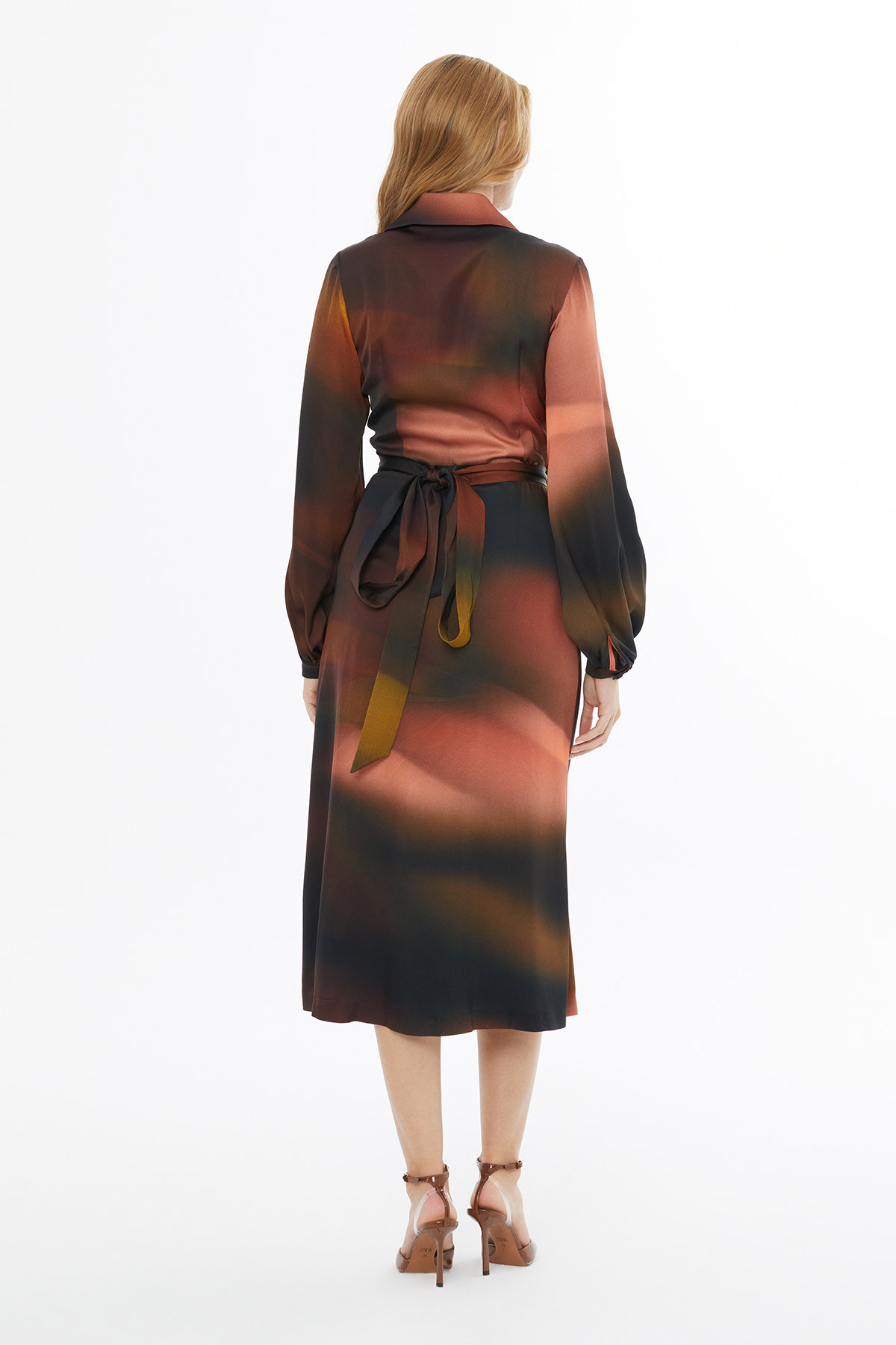 Anveloplu Uzun Kollu Düğmeli Midi Elbise