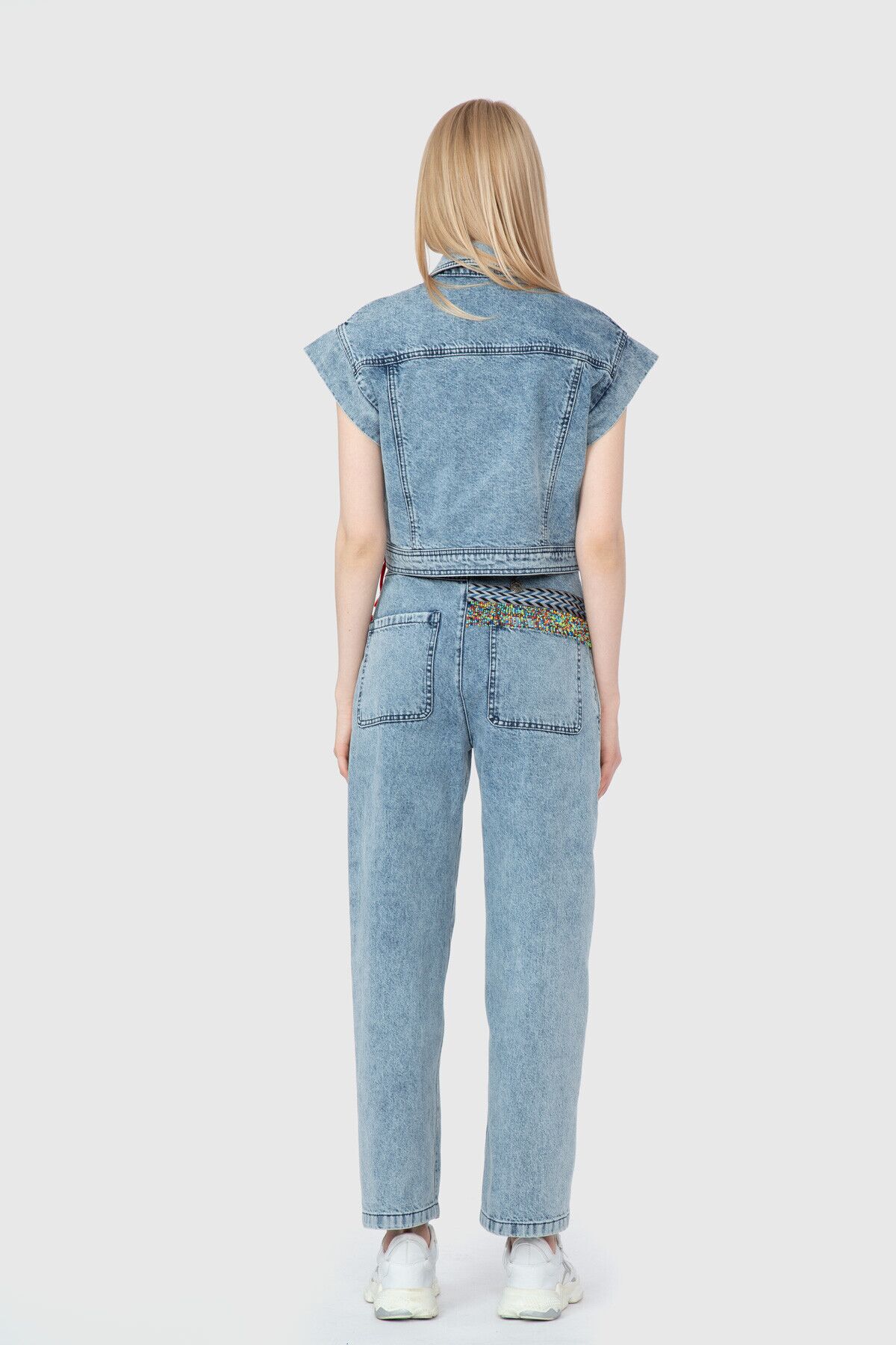 Boncuk Ve Etnik Şerit Detaylı Denim Yelek