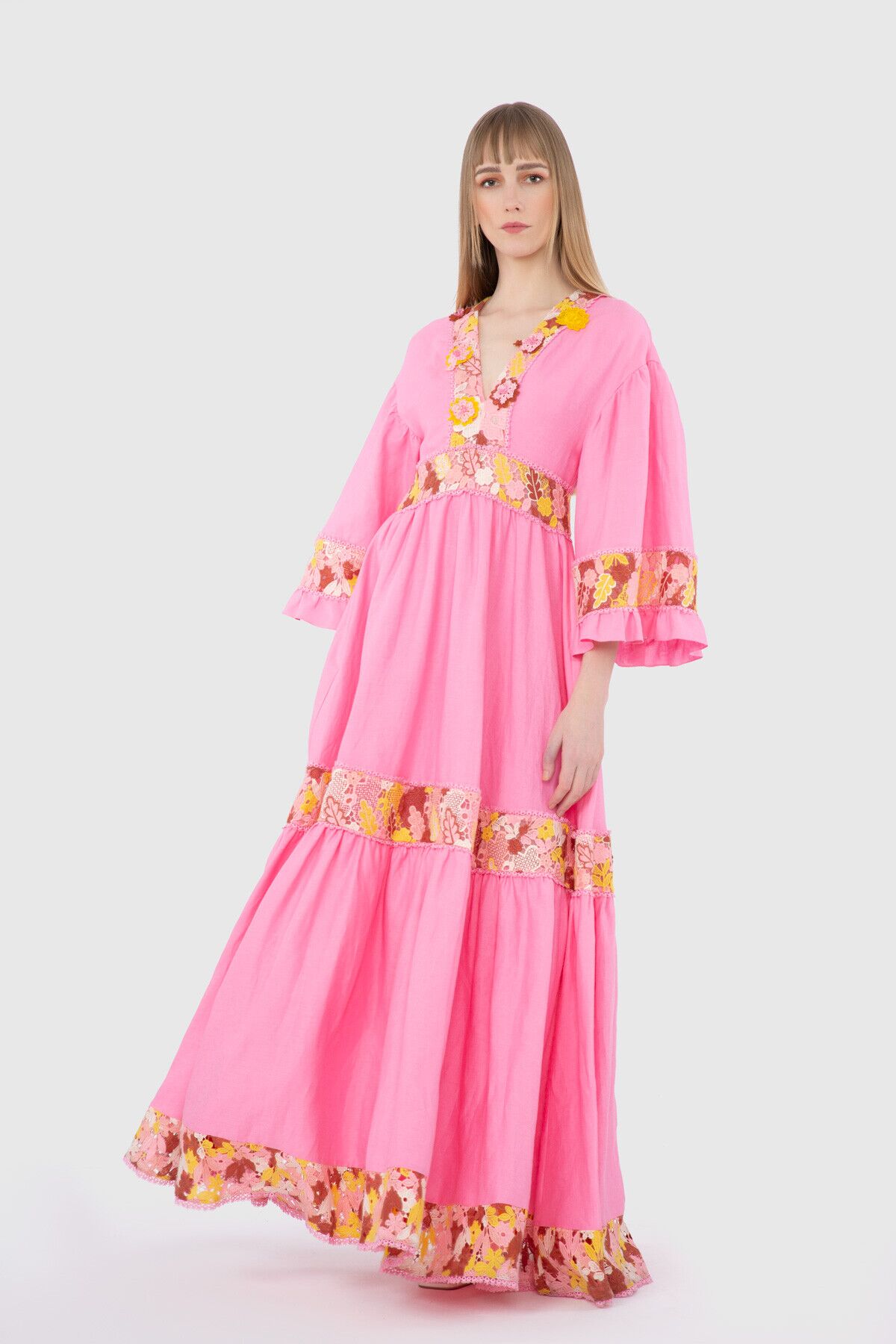 V Yaka Çiçek Desenli Uzun Elbise