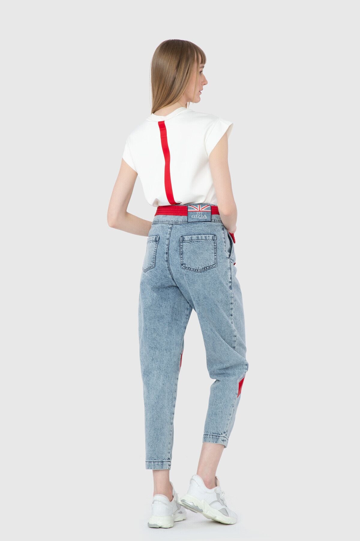 Şerit Baskı Detaylı Yüksek Bel Mom Jean