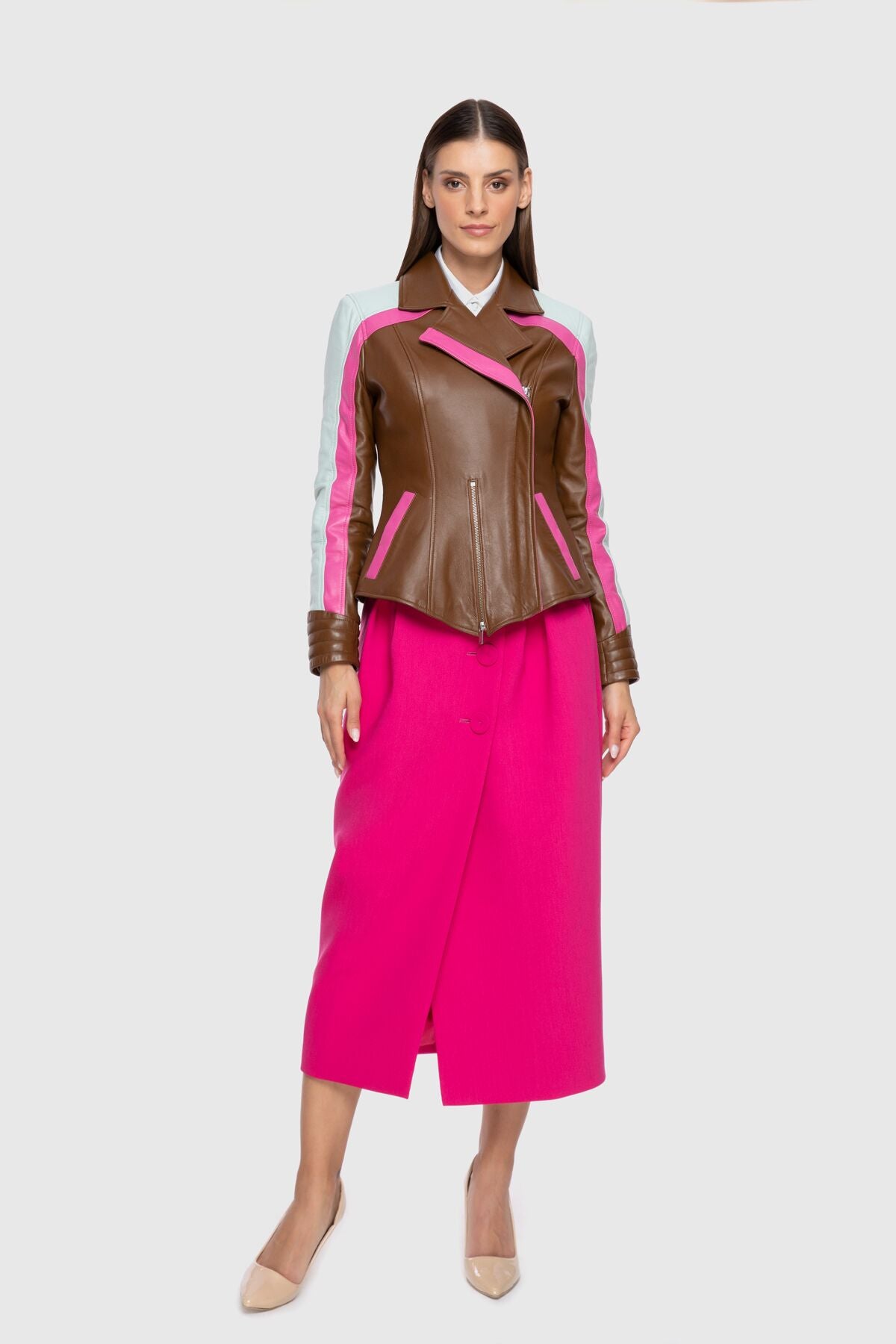 Renk Bloklu Dar Kesim Deri Ceket