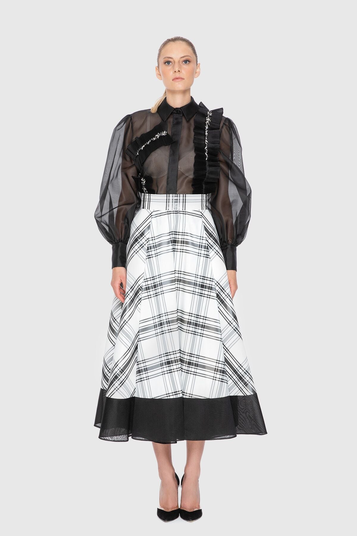 Etek Ucu Organze Detaylı Yüksek Bel Midi Etek