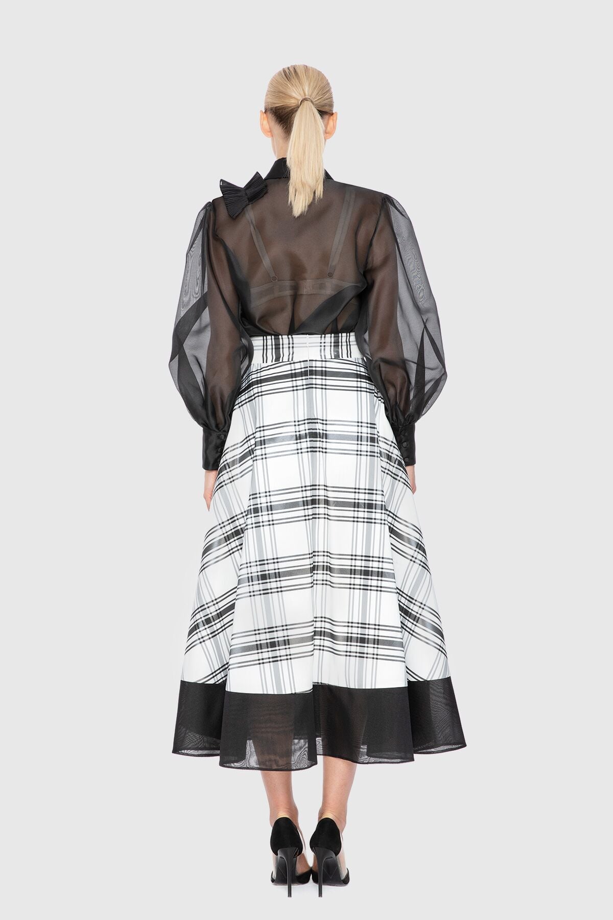 Etek Ucu Organze Detaylı Yüksek Bel Midi Etek