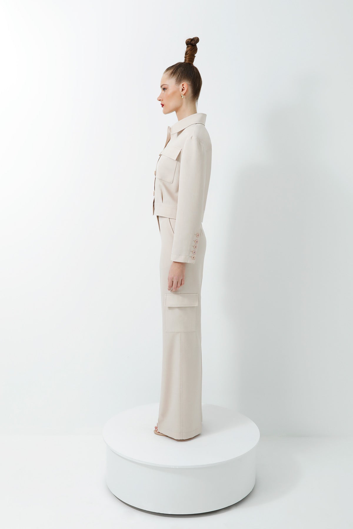 Cep Detaylı Ceket ve Pantolonlu Bej Takım