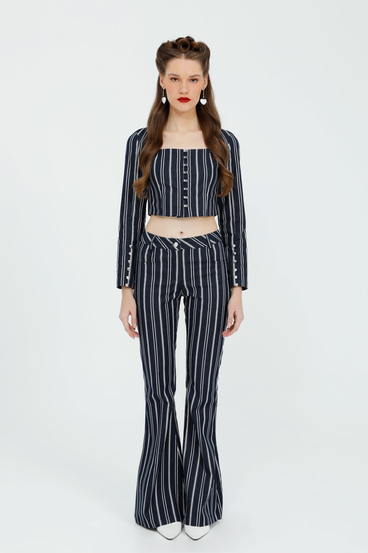 Düğme Detaylı Çizgili Kumaş Crop Bluz