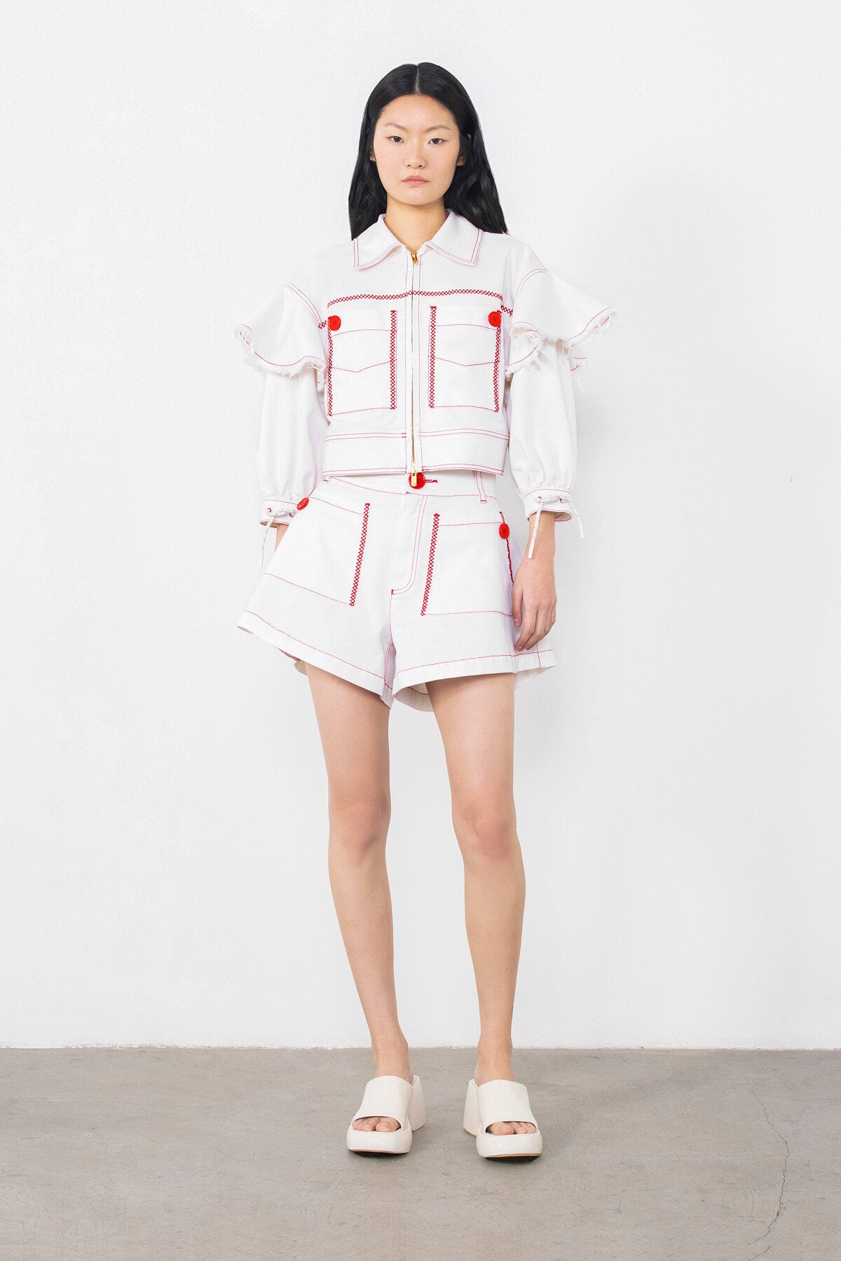 Dikişli Volan Detaylı Jean Ceket